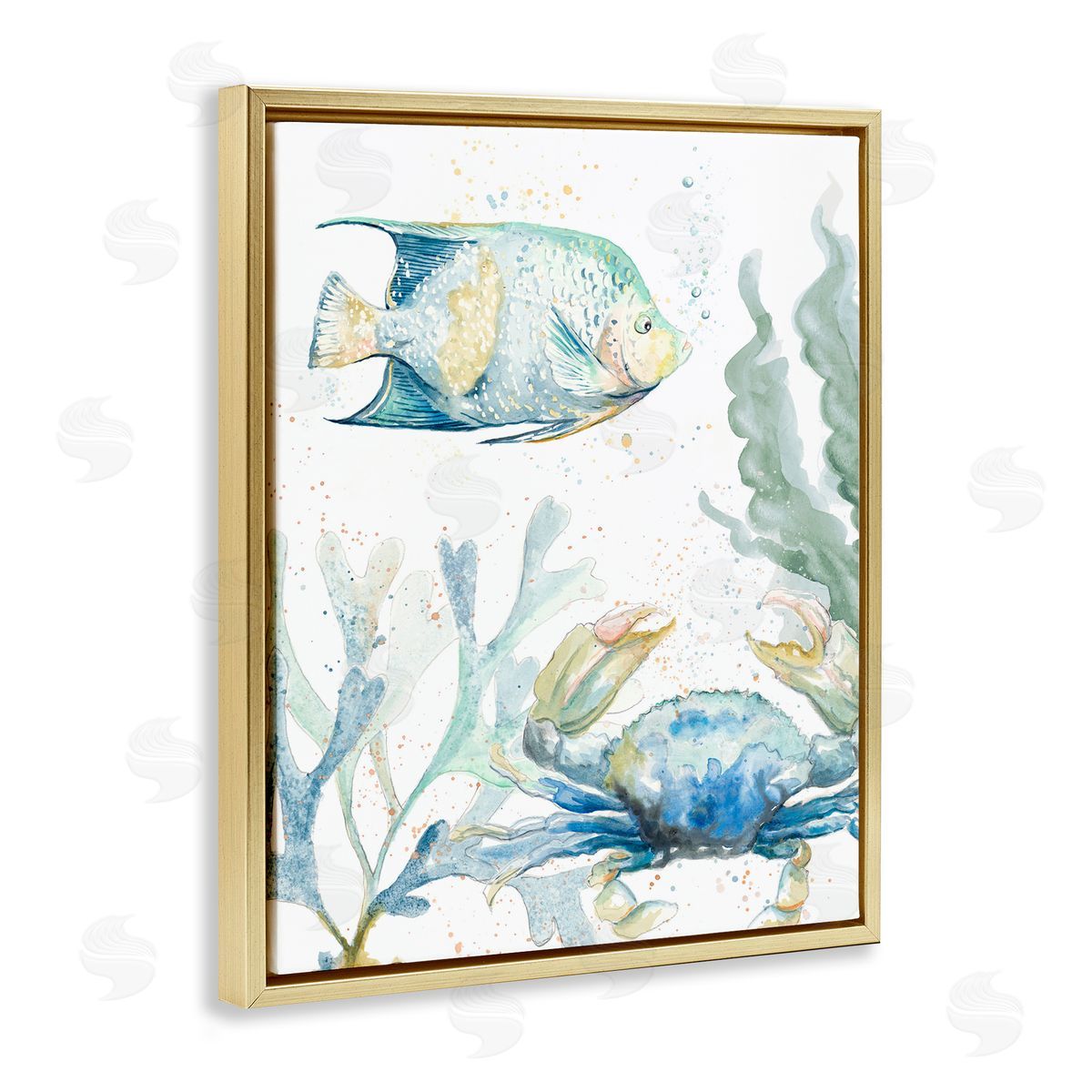 Crab and Fish Scene Gold Floating Frame Canvas Wall Art, Home Decor by Patricia Pinto