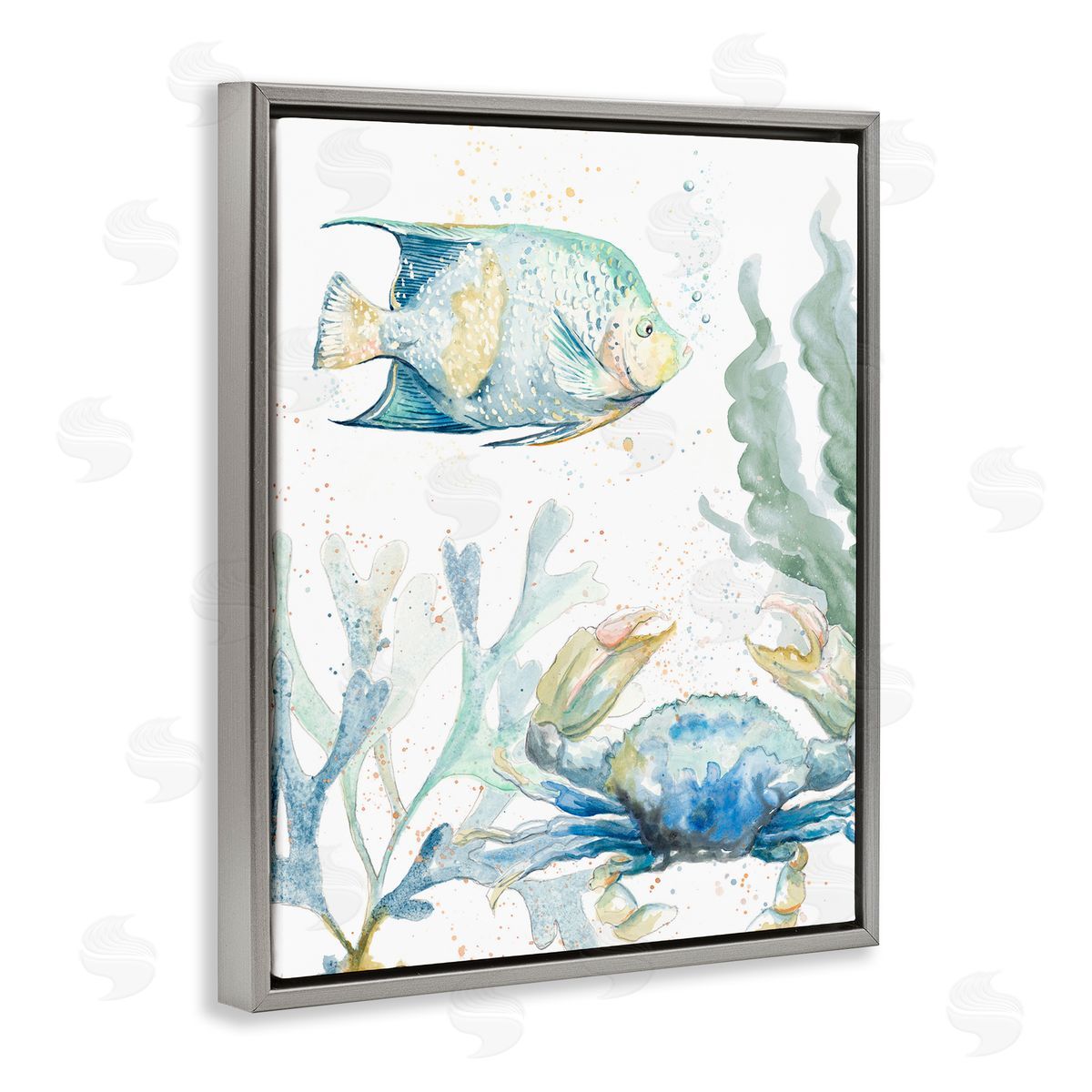 Crab and Fish Scene Grey Floating Frame Canvas Wall Art, Home Decor by Patricia Pinto