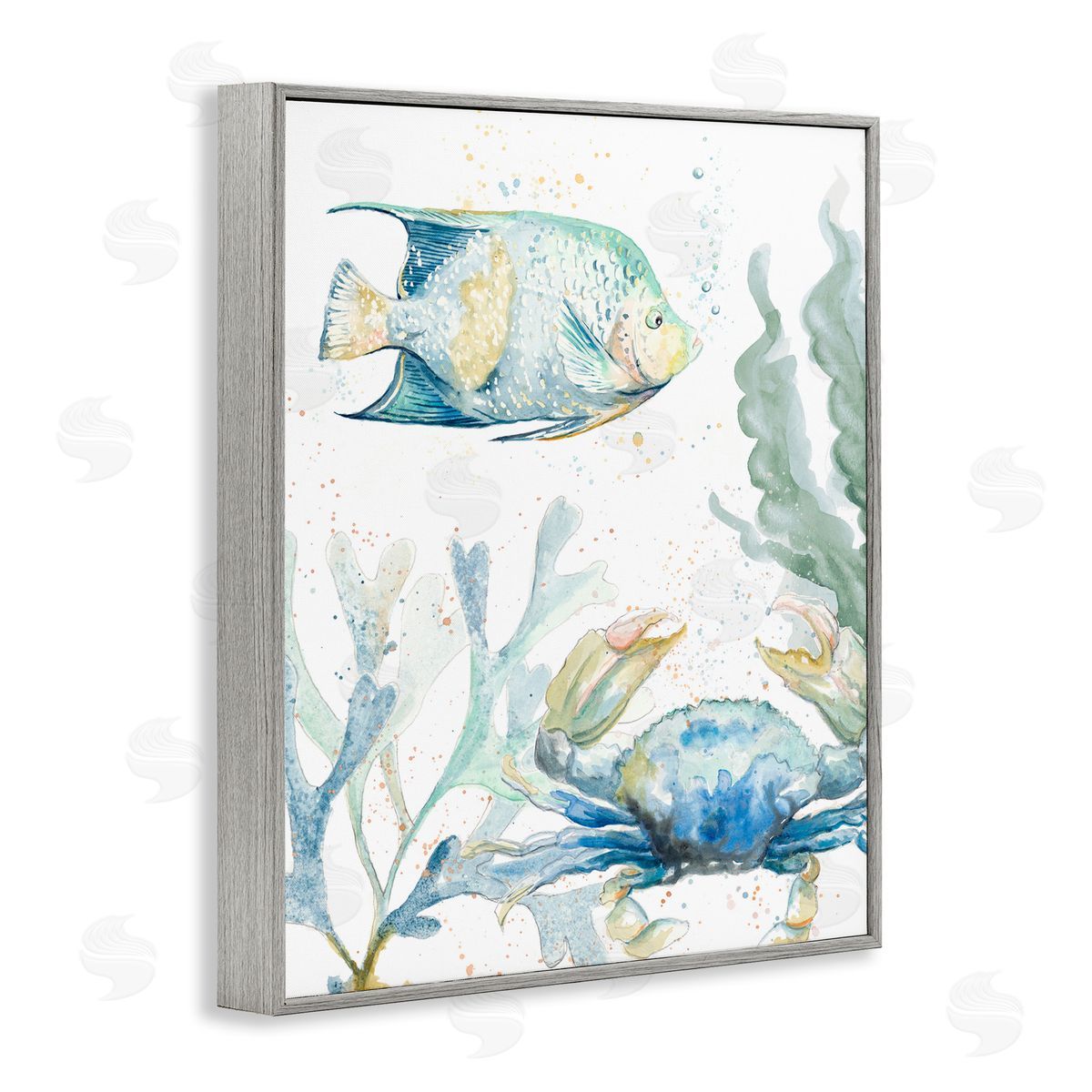 Crab and Fish Scene Grey Frame Print Wall Art, Home Decor by Patricia Pinto