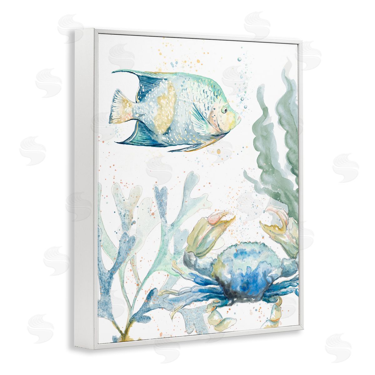 Crab and Fish Scene White Frame Print Wall Art, Home Decor by Patricia Pinto
