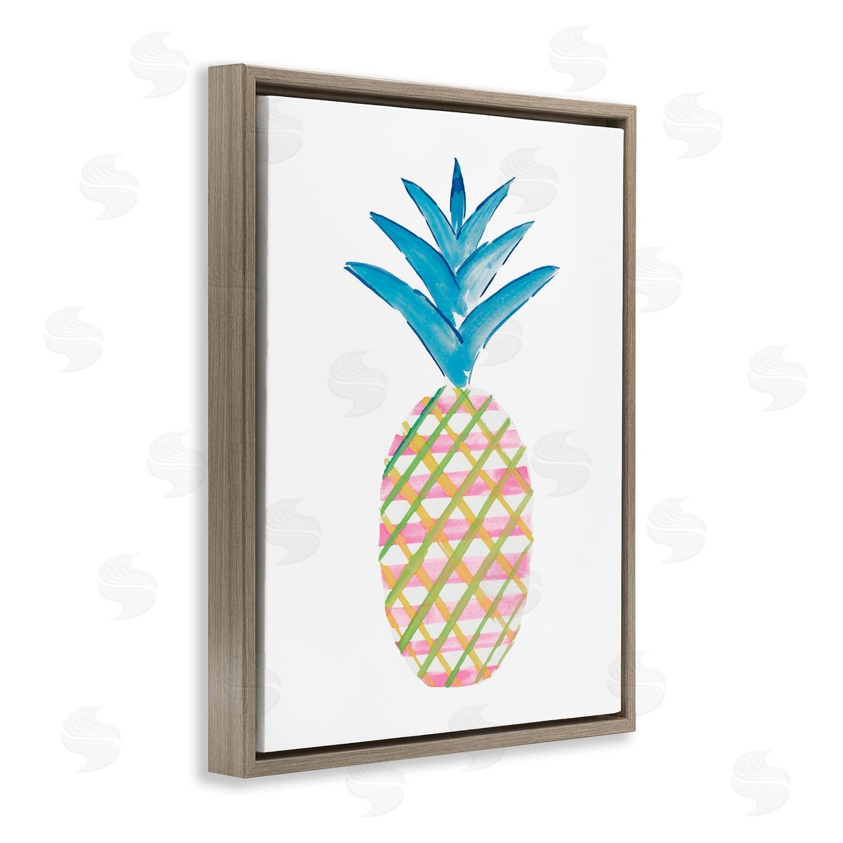 Tropical Tartan Pineapple Brown Floating Frame Canvas Wall Art, Home Decor by Julie DeRice