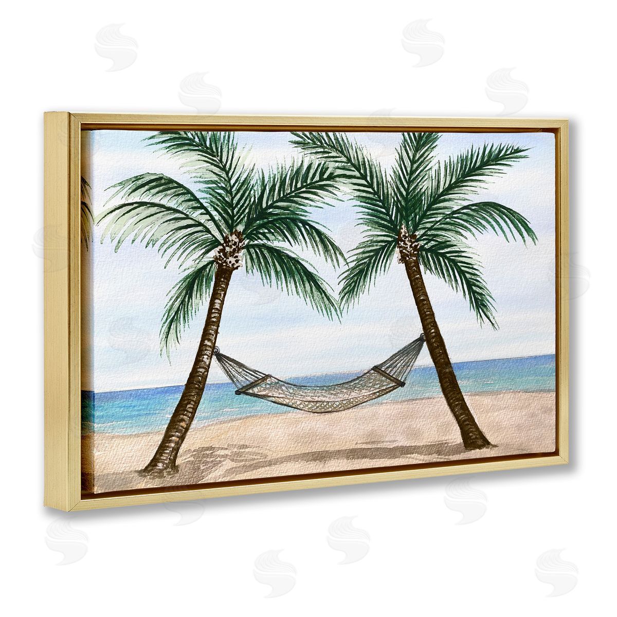 Hammock Between Palms Gold Floating Frame Canvas Wall Art, Home Decor by Nicholas Biscardi