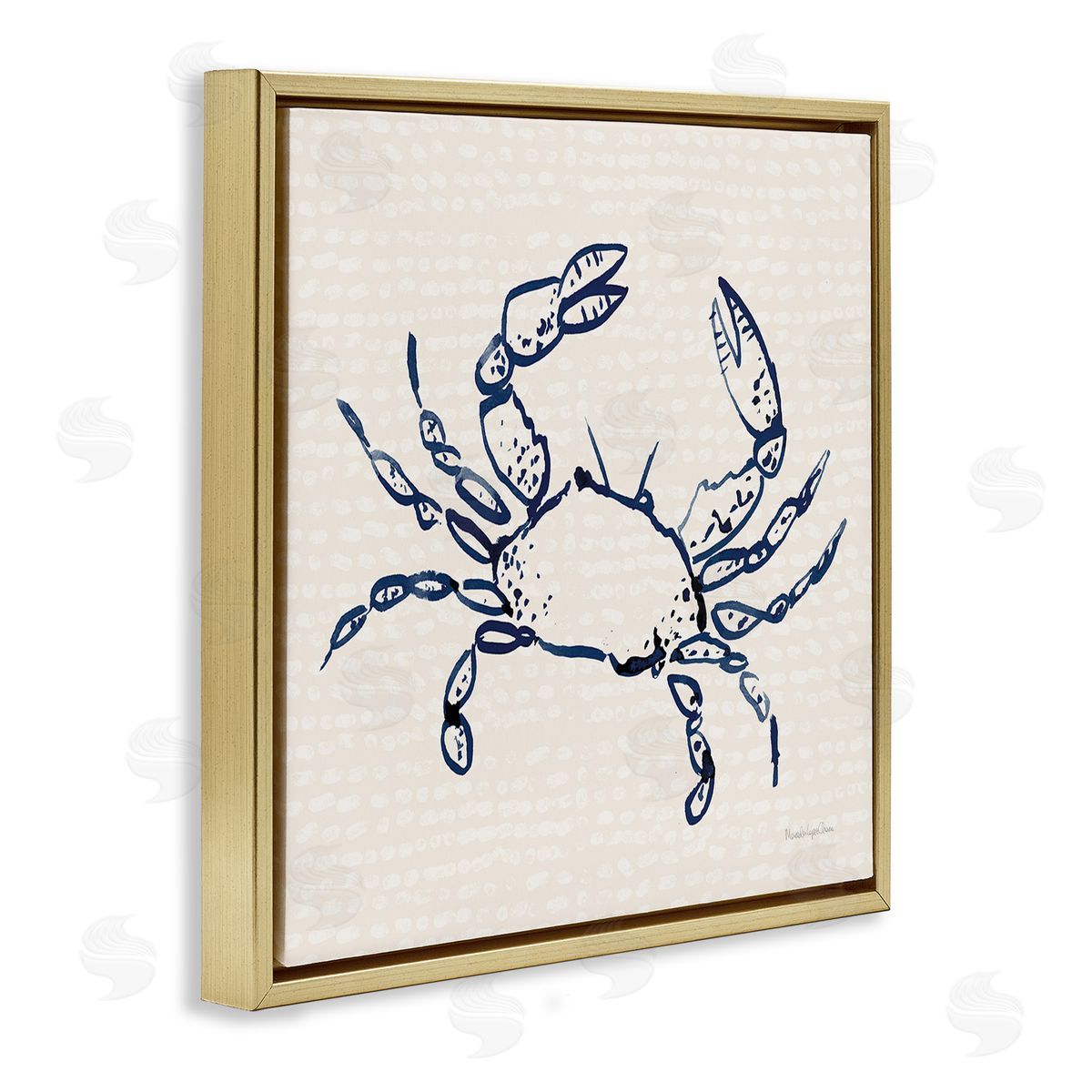 Crab with Dotted Background Gold Floating Frame Canvas Wall Art, Home Decor by Mercedes Lopez Charro