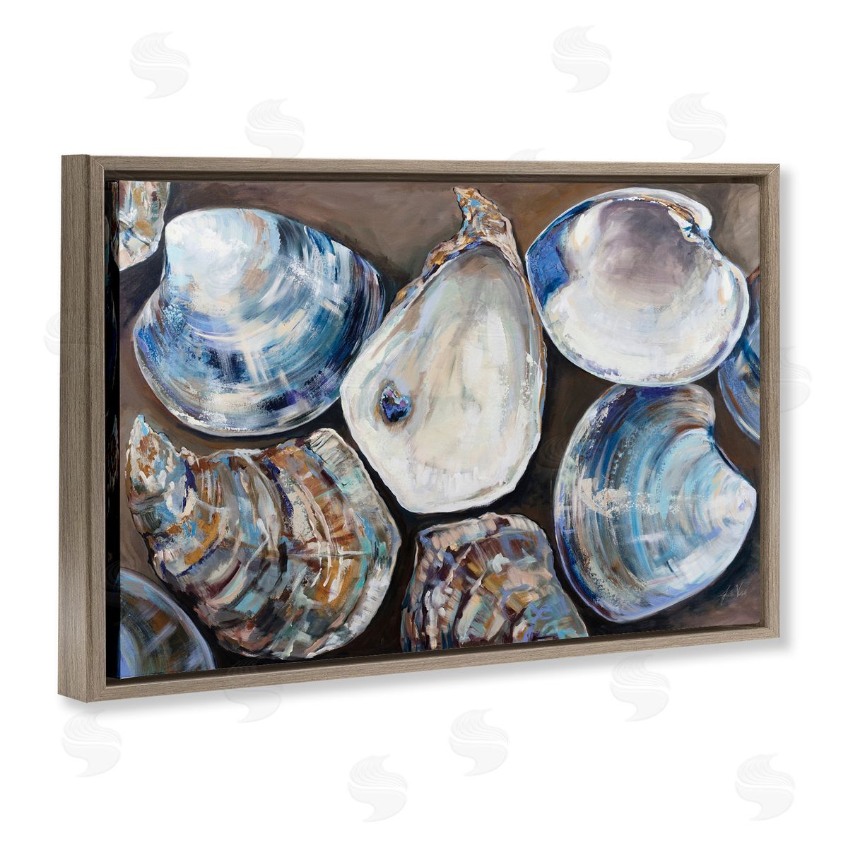 Varied Seashell Shucks Brown Floating Frame Canvas Wall Art, Home Decor by Jeanette Vertentes