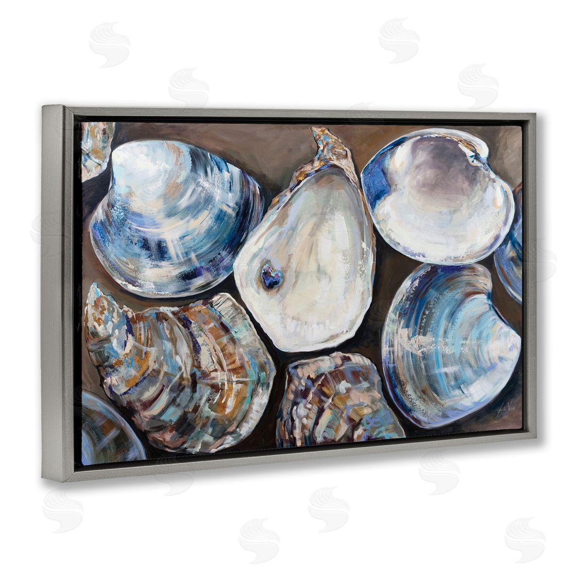 Varied Seashell Shucks Grey Floating Frame Canvas Wall Art, Home Decor by Jeanette Vertentes
