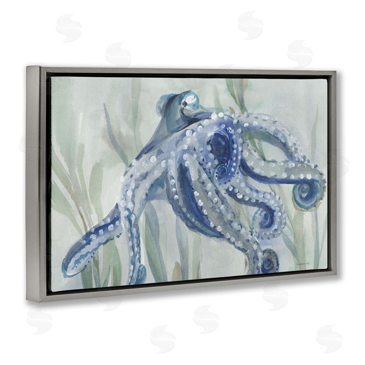 Deep Dweller Octopus Grey Floating Frame Canvas Wall Art, Home Decor by Danhui Nai