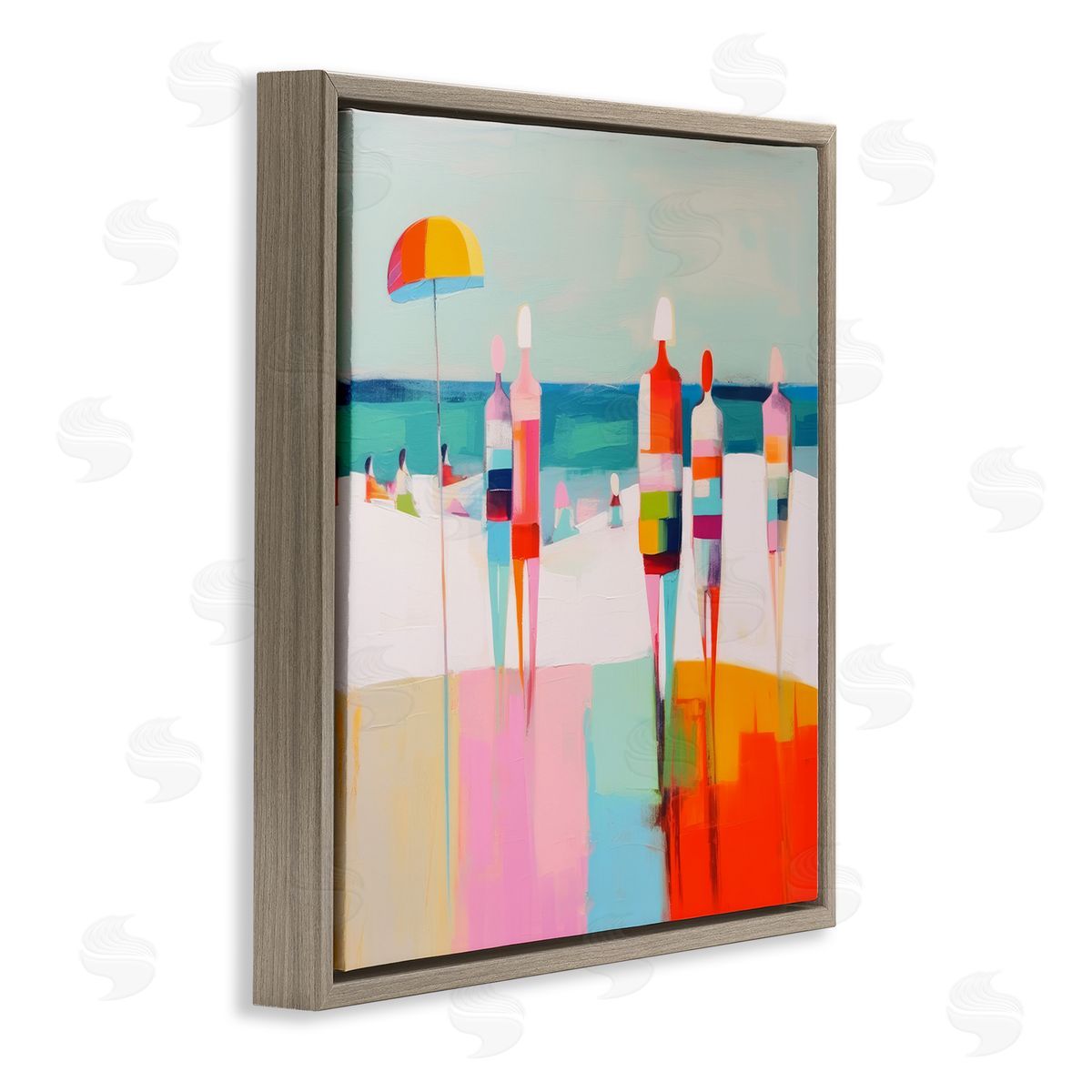 Bold Modern Beachgoers Brown Floating Frame Canvas Wall Art, Home Decor by Alonzo Saunders