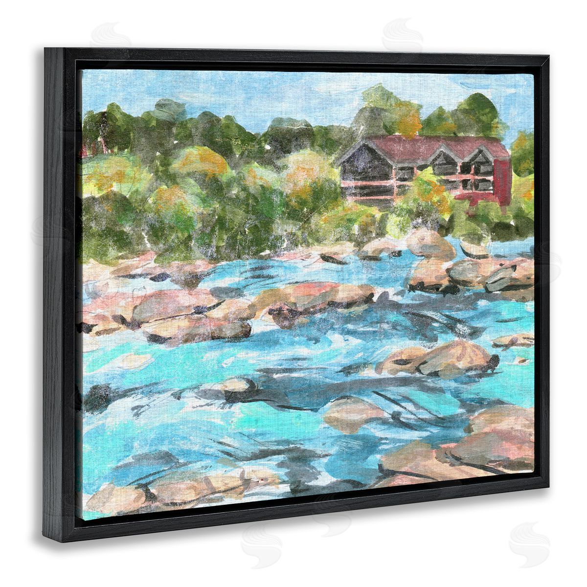 Rocky River Landscape Black Floating Frame Canvas Wall Art, Home Decor by Melissa Wang