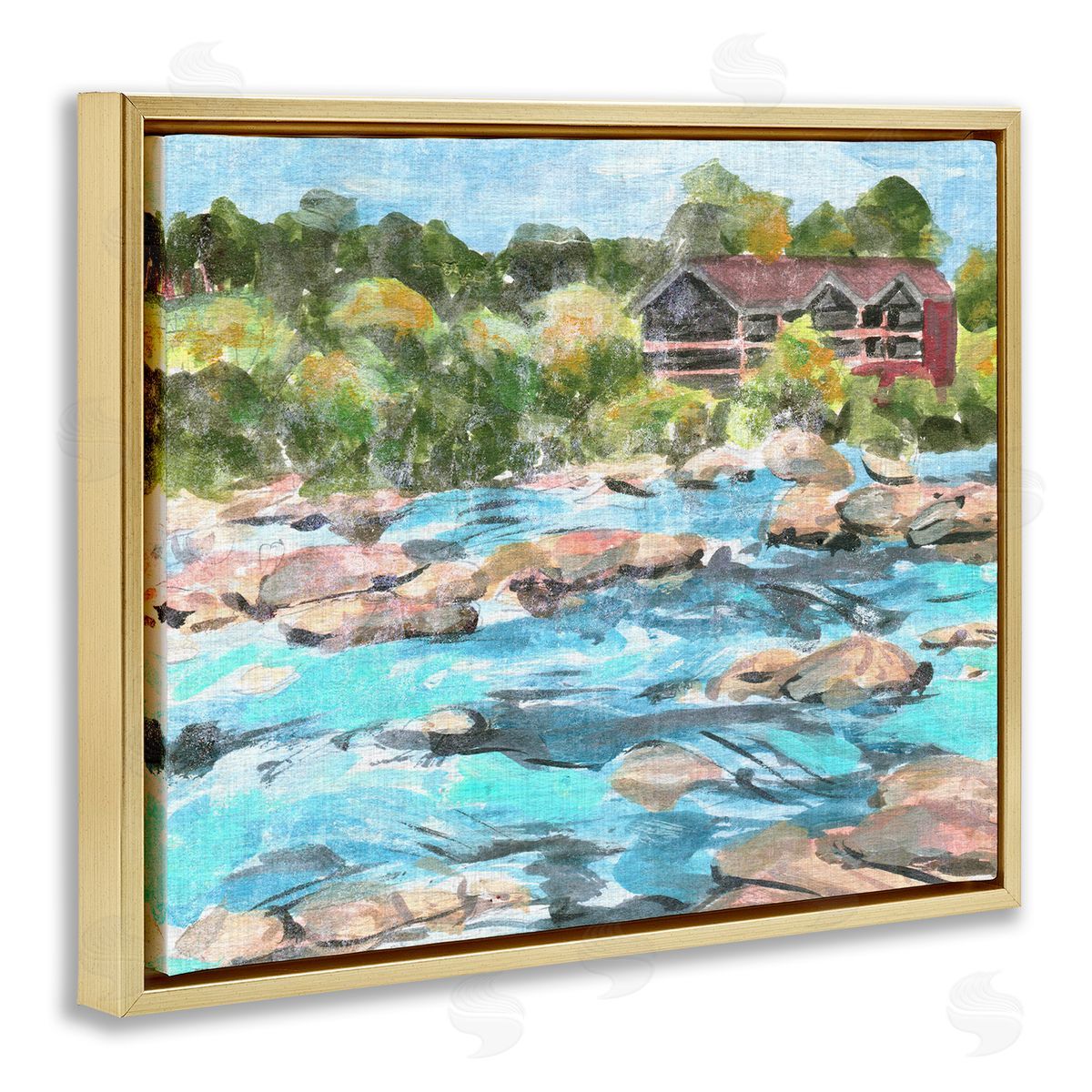 Rocky River Landscape Gold Floating Frame Canvas Wall Art, Home Decor by Melissa Wang