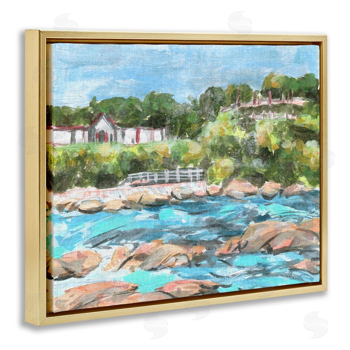 Rocky Nautical Landscape Gold Floating Frame Canvas Wall Art, Home Decor by Melissa Wang