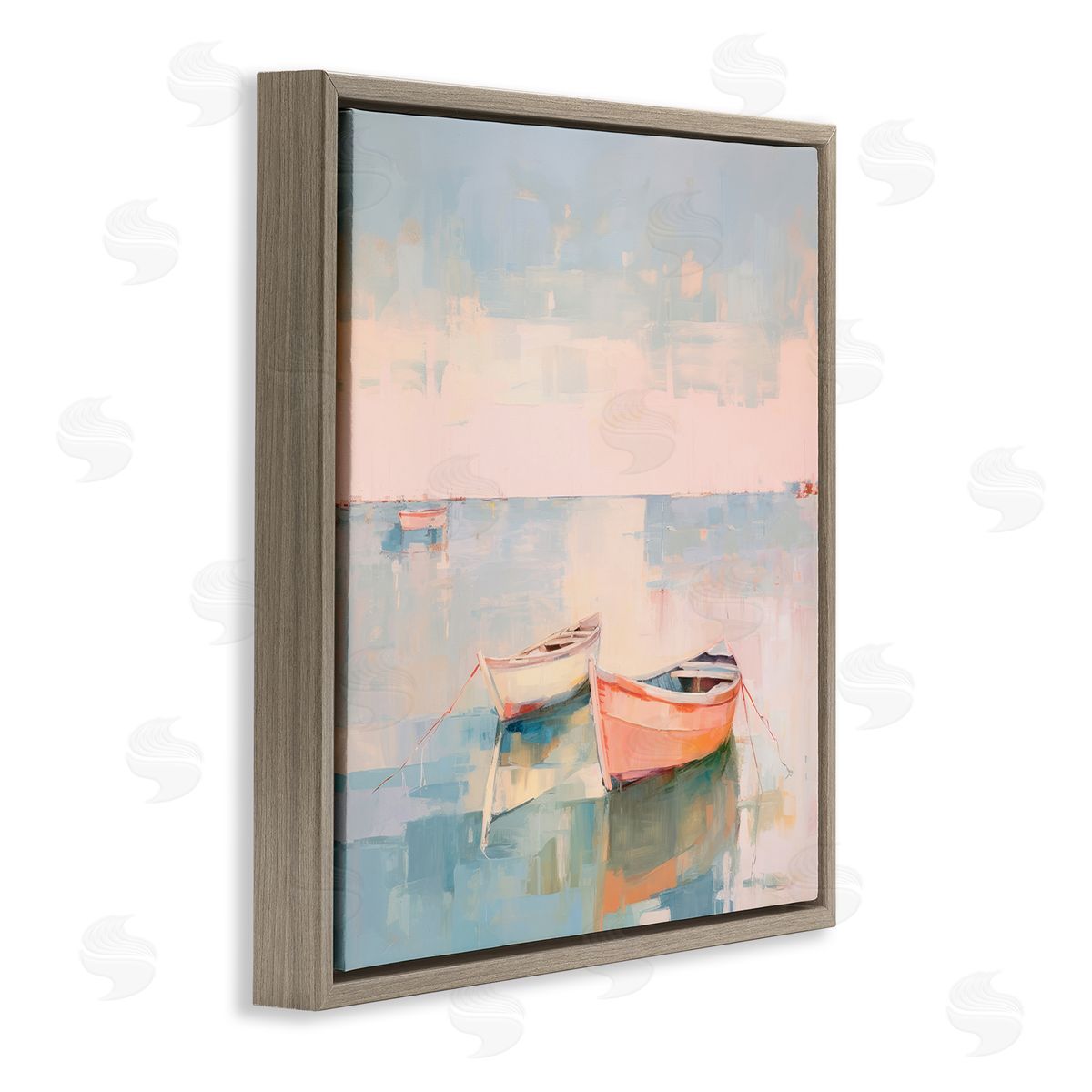 Pastel Docked Boats Brown Floating Frame Canvas Wall Art, Home Decor by Irena Orlov