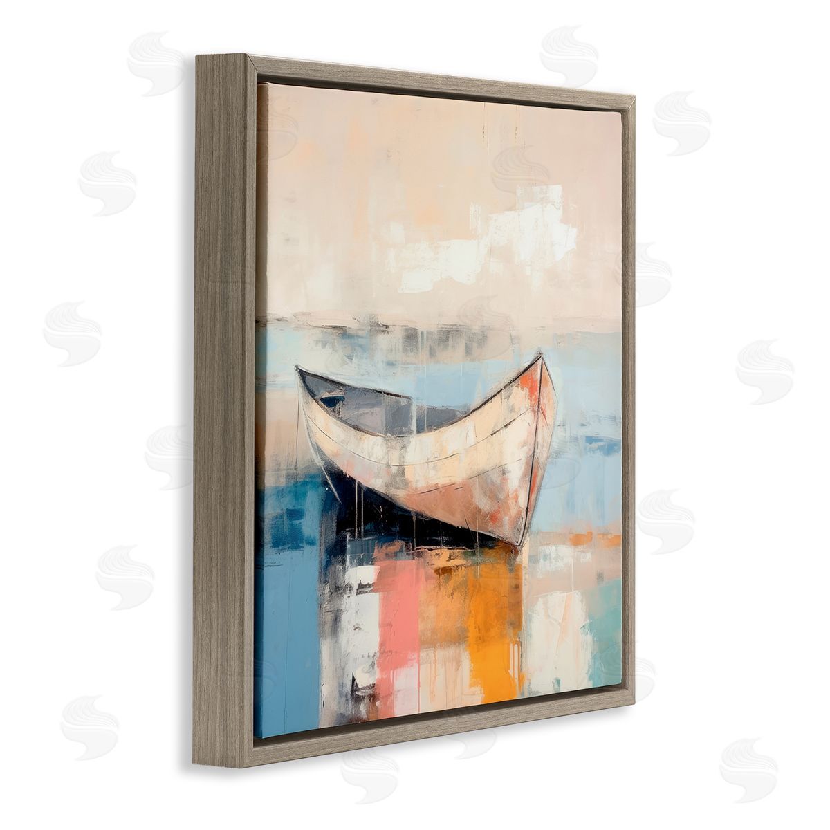 Sunlit Boat Reflection Brown Floating Frame Canvas Wall Art, Home Decor by Irena Orlov