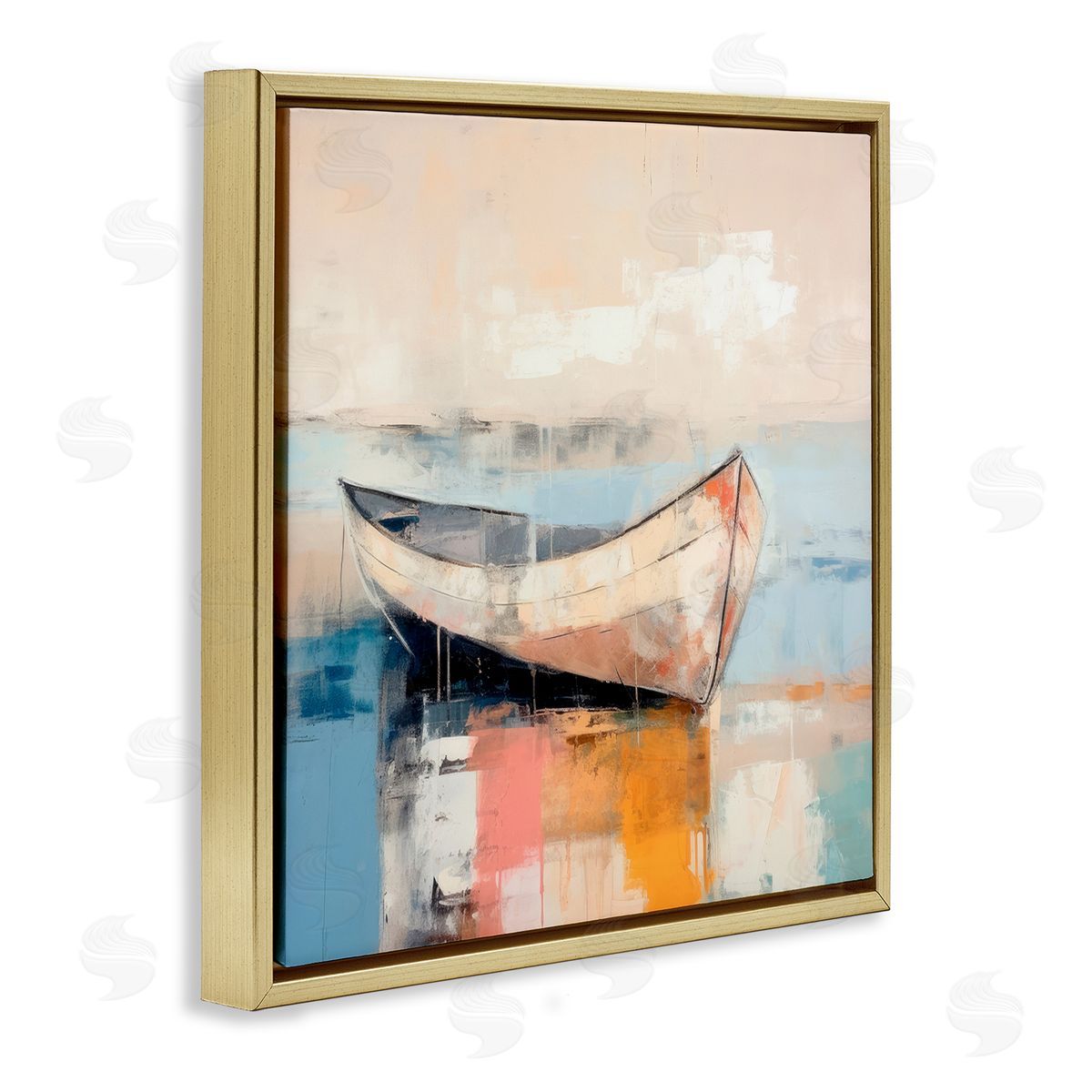 Sunlit Boat Reflection Gold Floating Frame Canvas Wall Art, Home Decor by Irena Orlov