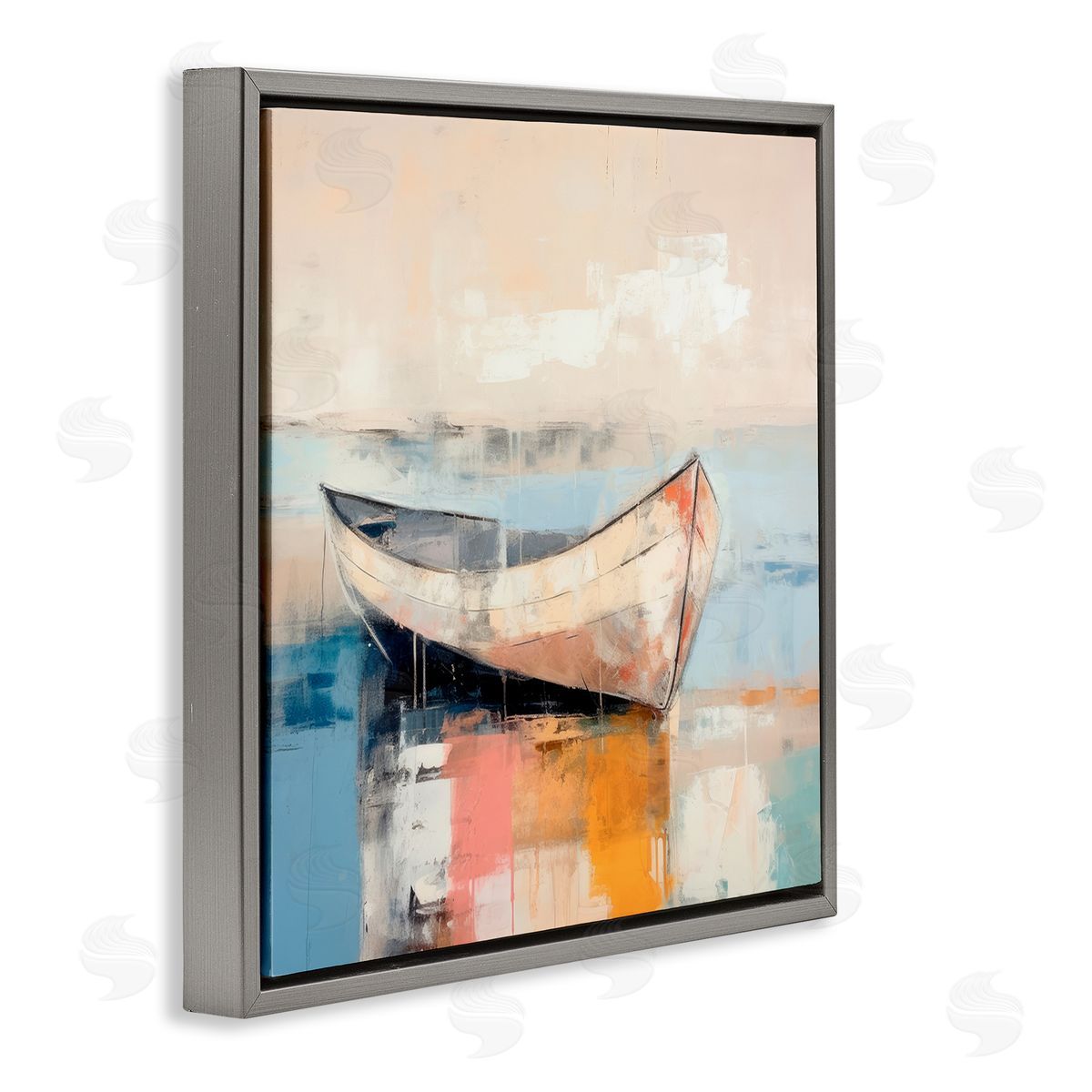 Sunlit Boat Reflection Grey Floating Frame Canvas Wall Art, Home Decor by Irena Orlov