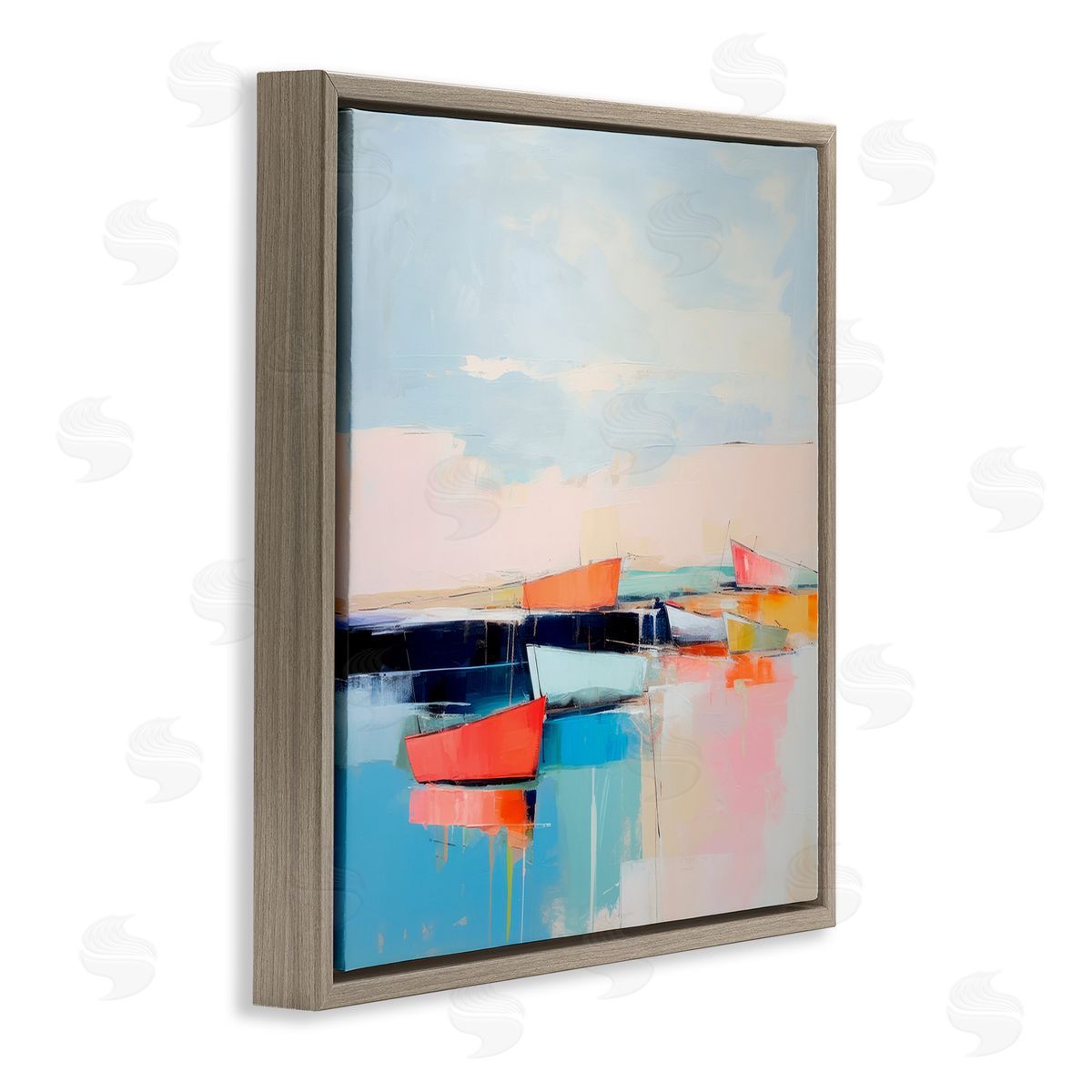 Vivid Boat Reflection Brown Floating Frame Canvas Wall Art, Home Decor by Irena Orlov