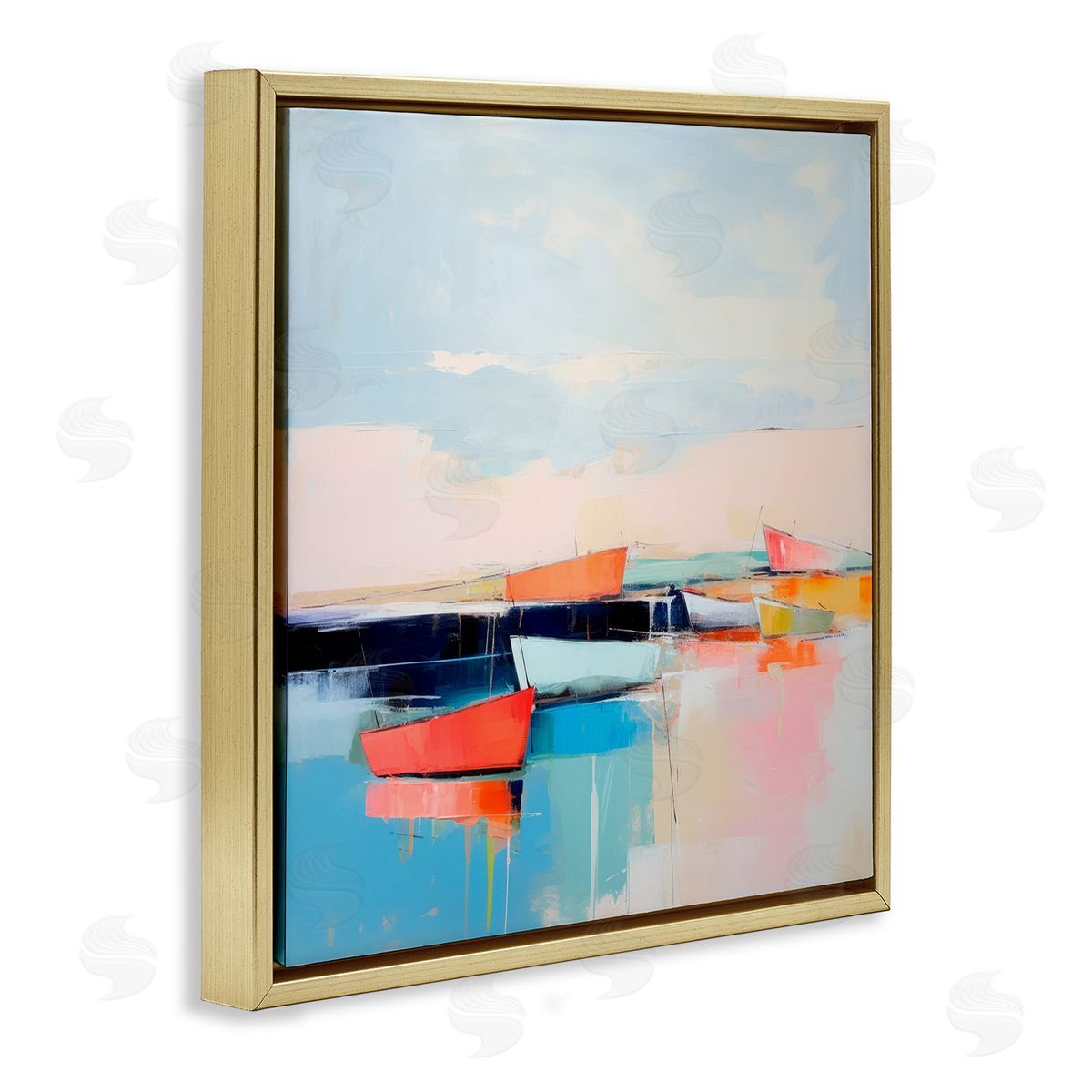 Vivid Boat Reflection Gold Floating Frame Canvas Wall Art, Home Decor by Irena Orlov