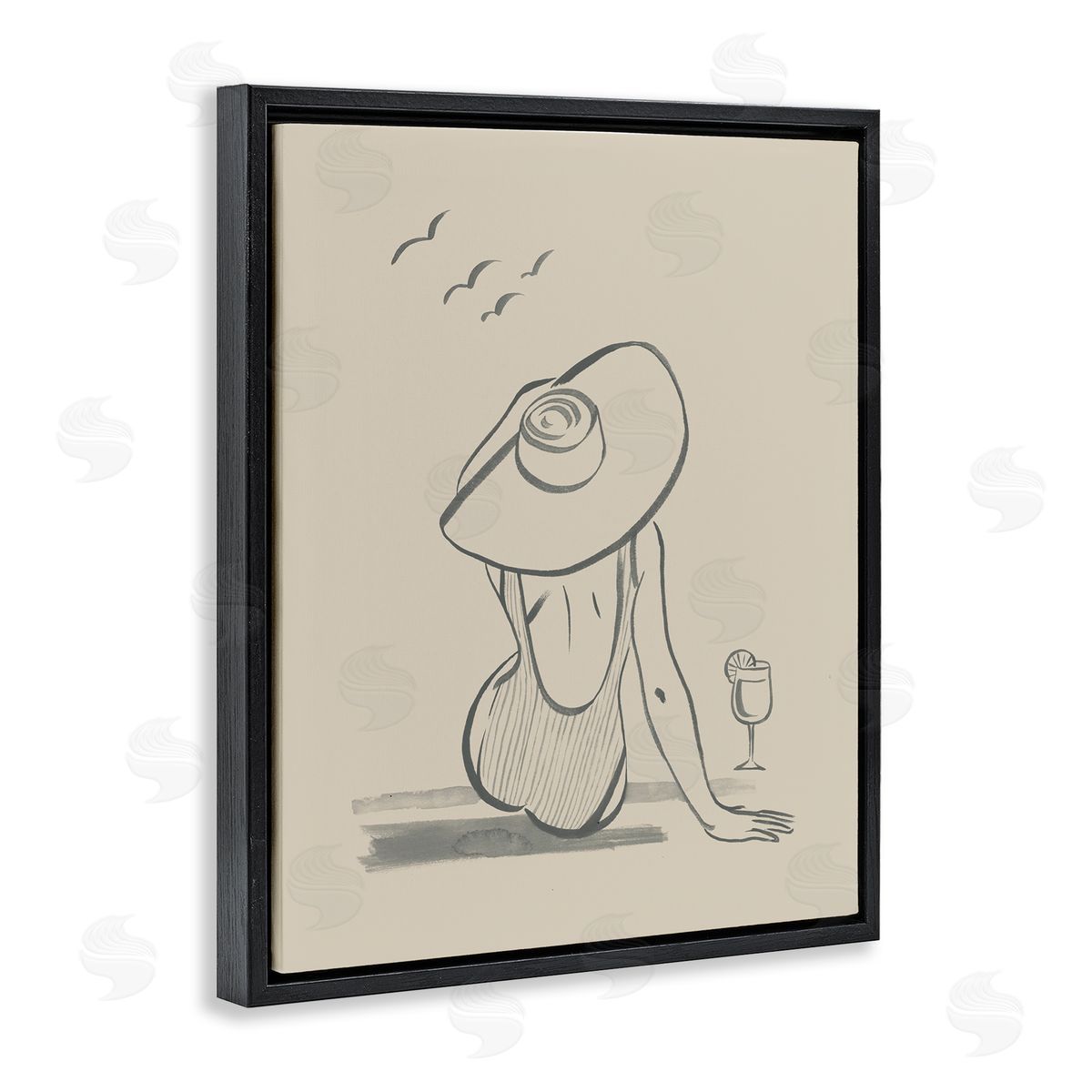 Beach Day Drawing Black Floating Frame Canvas Wall Art, Home Decor by Grace Popp