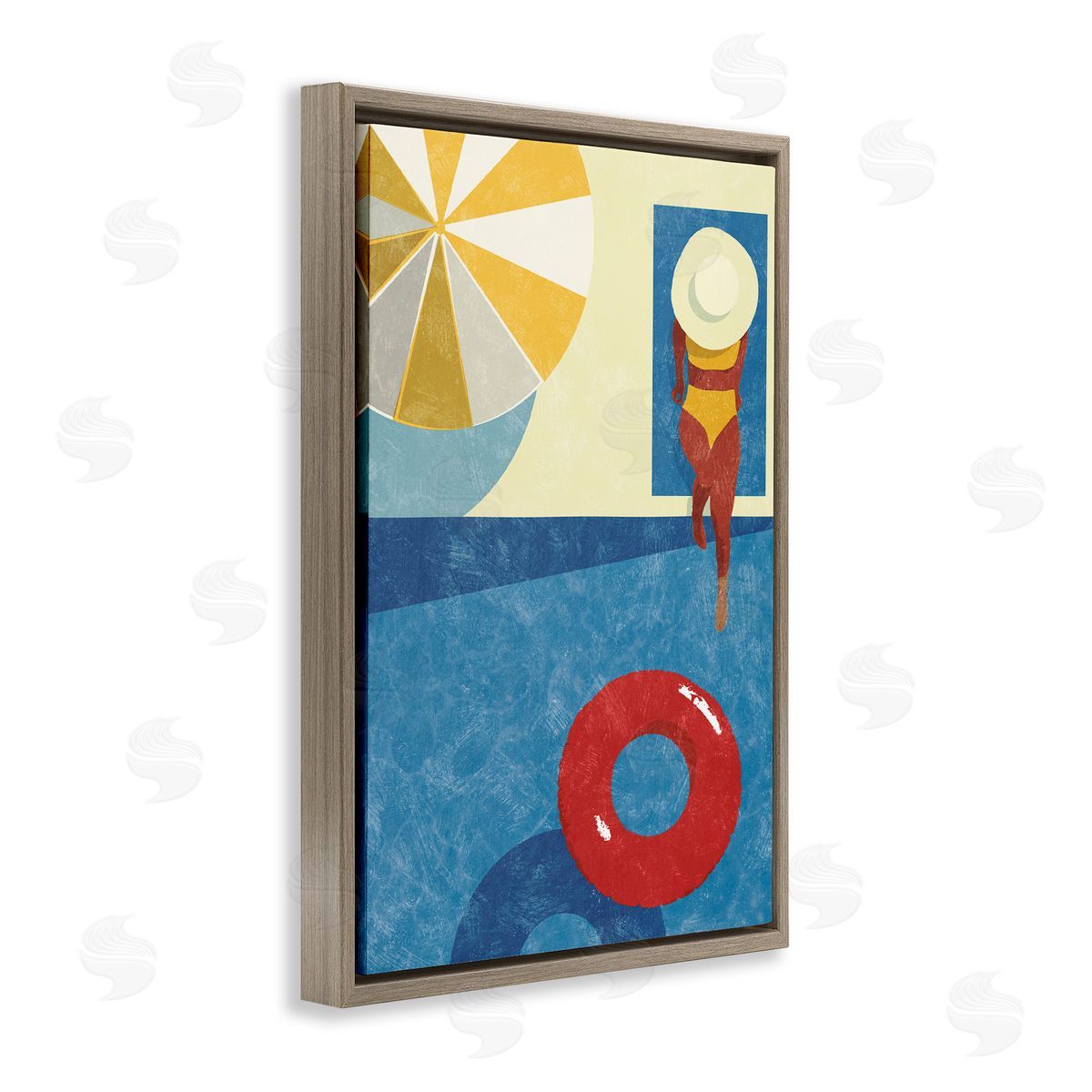 Summer Poolside Girl Brown Floating Frame Canvas Wall Art, Home Decor by Victoria Barnes
