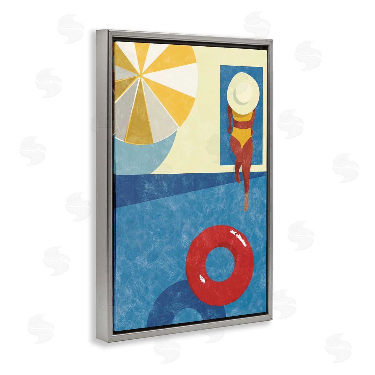 Summer Poolside Girl Grey Floating Frame Canvas Wall Art, Home Decor by Victoria Barnes