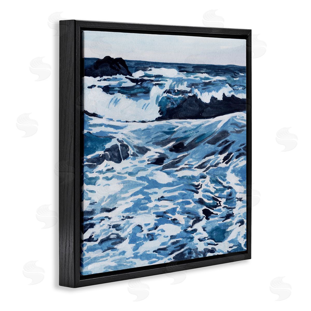 Blue Coastal Waves Black Floating Frame Canvas Wall Art, Home Decor by Melissa Wang