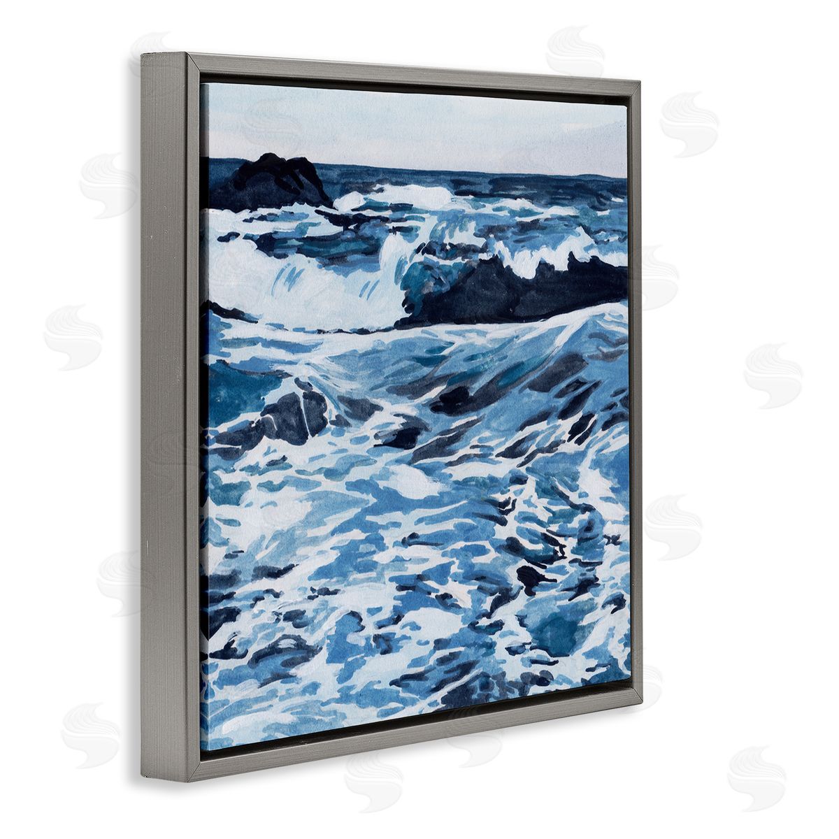 Blue Coastal Waves Grey Floating Frame Canvas Wall Art, Home Decor by Melissa Wang
