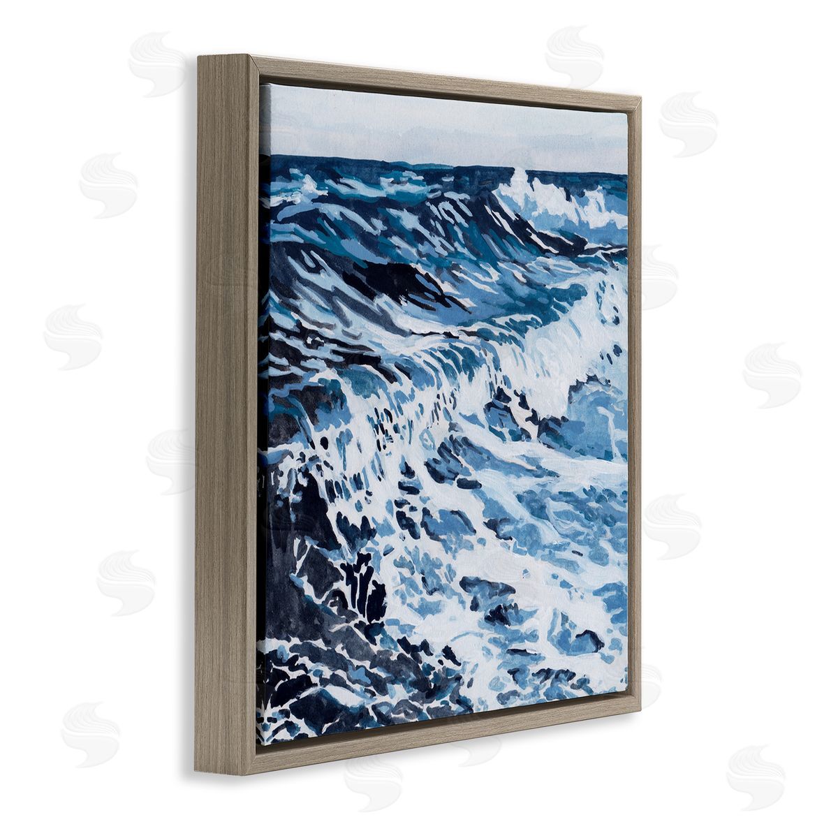 Blue Rolling Waves Brown Floating Frame Canvas Wall Art, Home Decor by Melissa Wang
