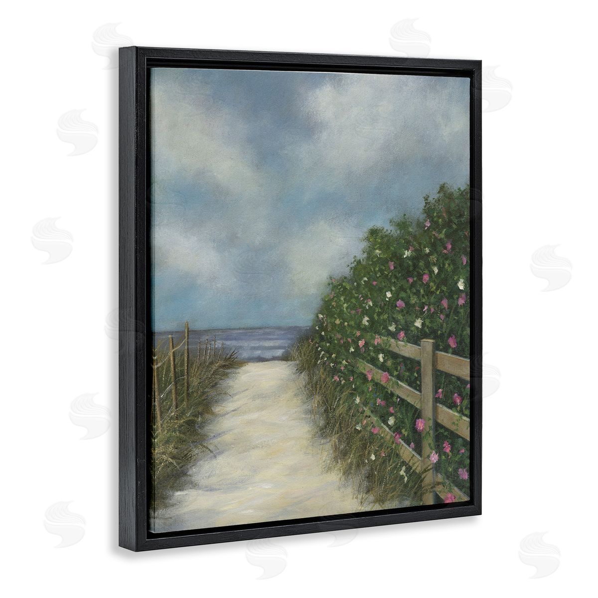 Floral Lined Beach Path Black Floating Frame Canvas Wall Art, Home Decor by David Swanagin