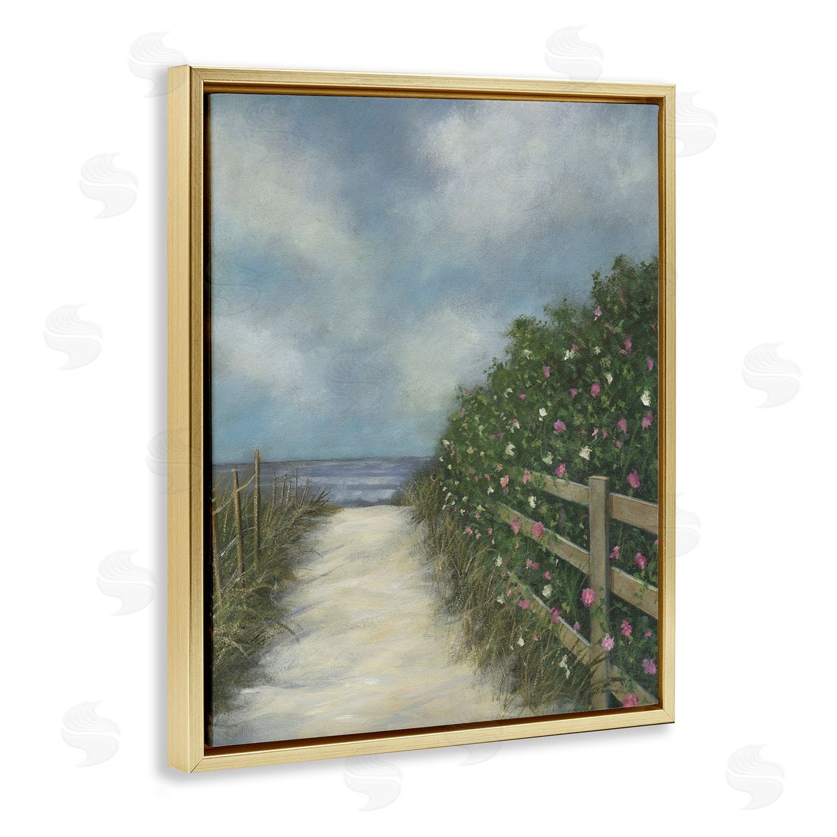 Floral Lined Beach Path Gold Floating Frame Canvas Wall Art, Home Decor by David Swanagin