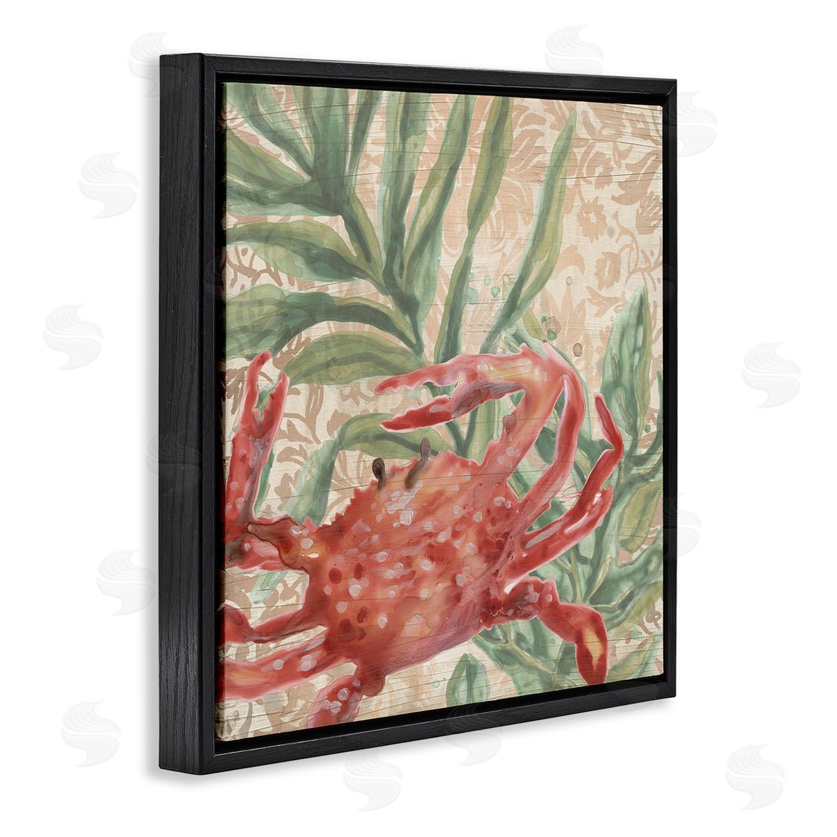 Crab on Floral Pattern Black Floating Frame Canvas Wall Art, Home Decor by June Erica Vess
