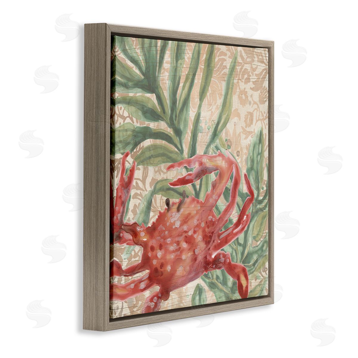 Crab on Floral Pattern Brown Floating Frame Canvas Wall Art, Home Decor by June Erica Vess