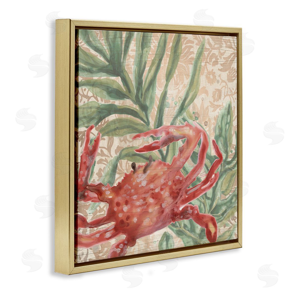 Crab on Floral Pattern Gold Floating Frame Canvas Wall Art, Home Decor by June Erica Vess