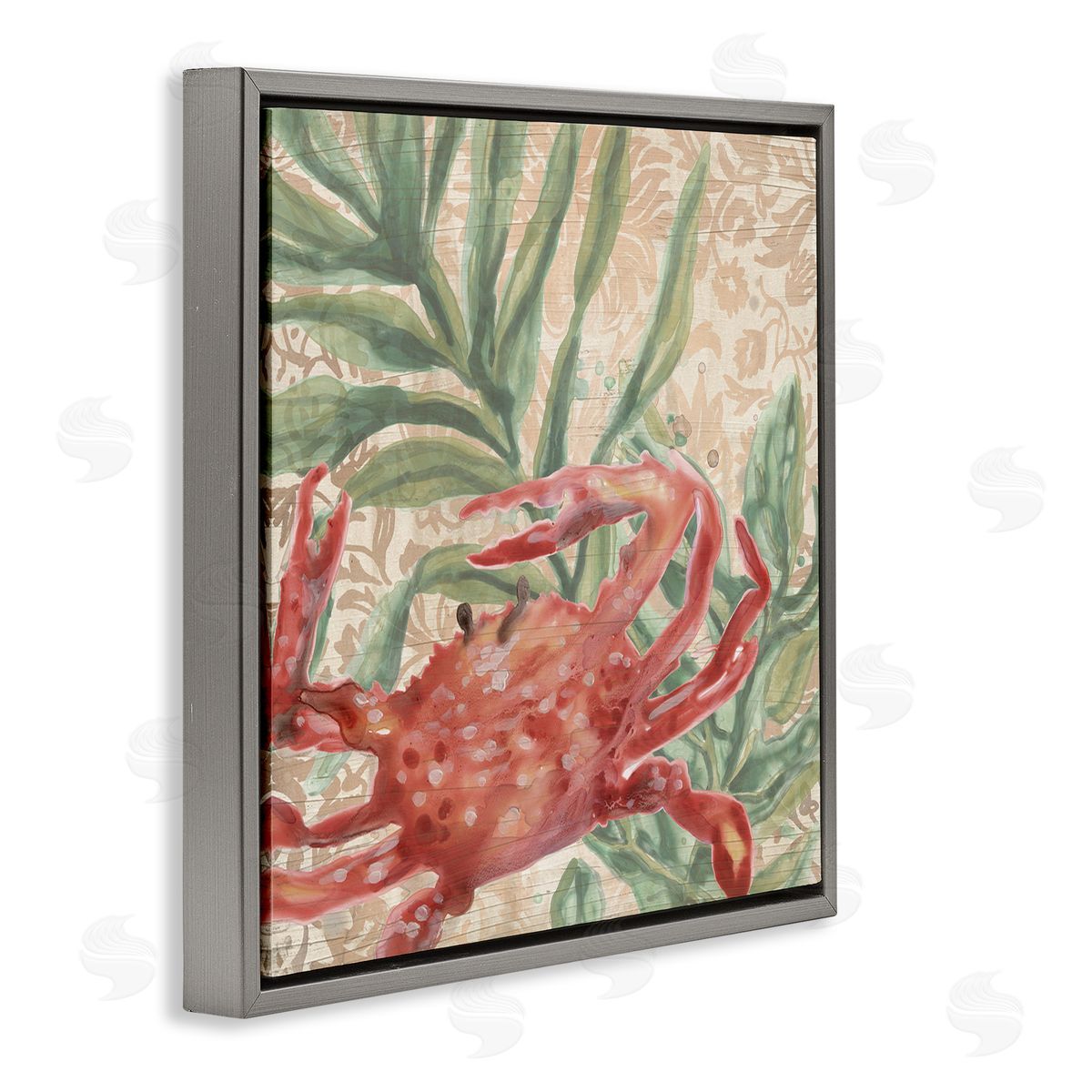 Crab on Floral Pattern Grey Floating Frame Canvas Wall Art, Home Decor by June Erica Vess