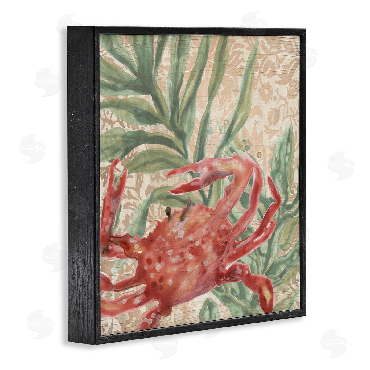 Crab on Floral Pattern Black Frame Print Wall Art, Home Decor by June Erica Vess