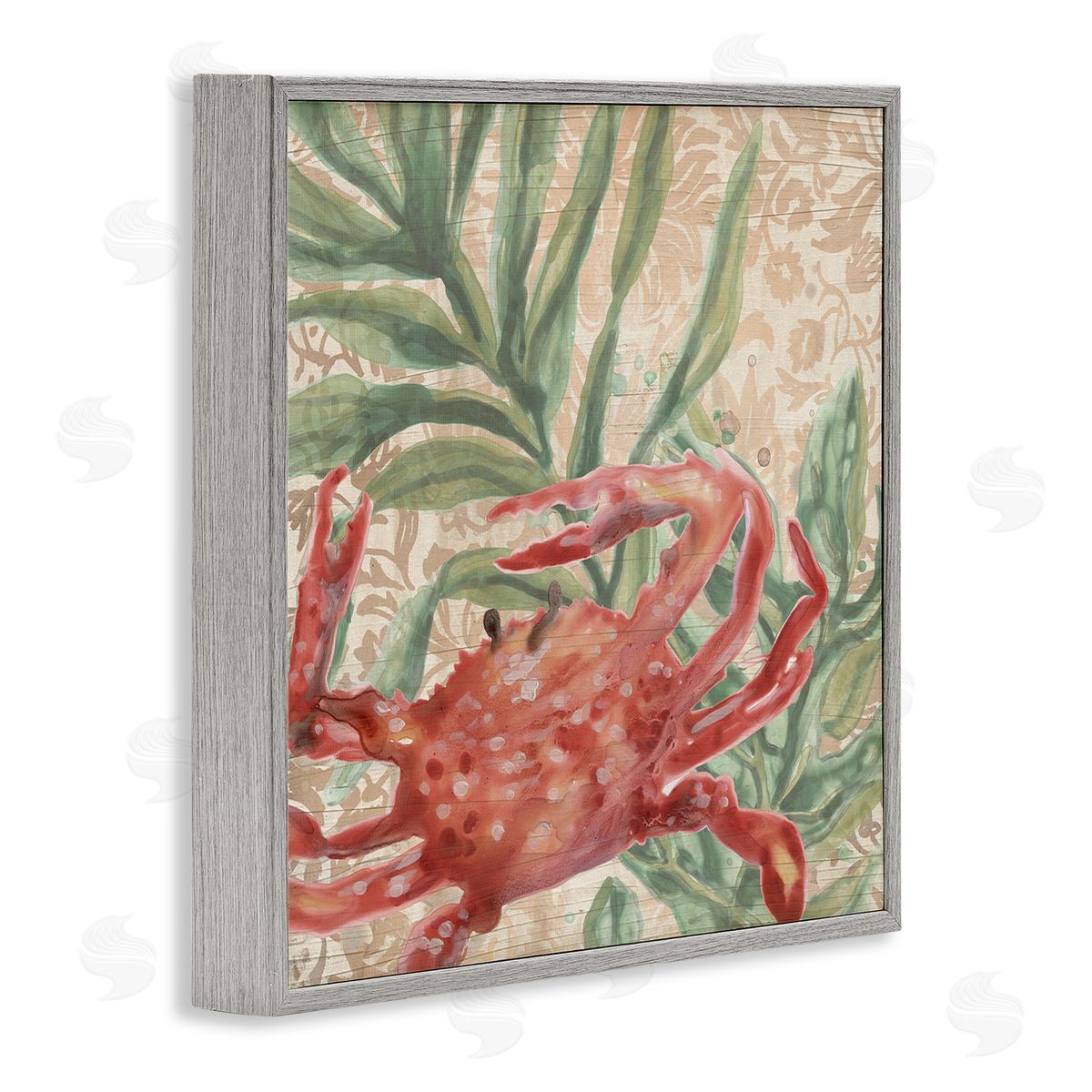 Crab on Floral Pattern Grey Frame Print Wall Art, Home Decor by June Erica Vess