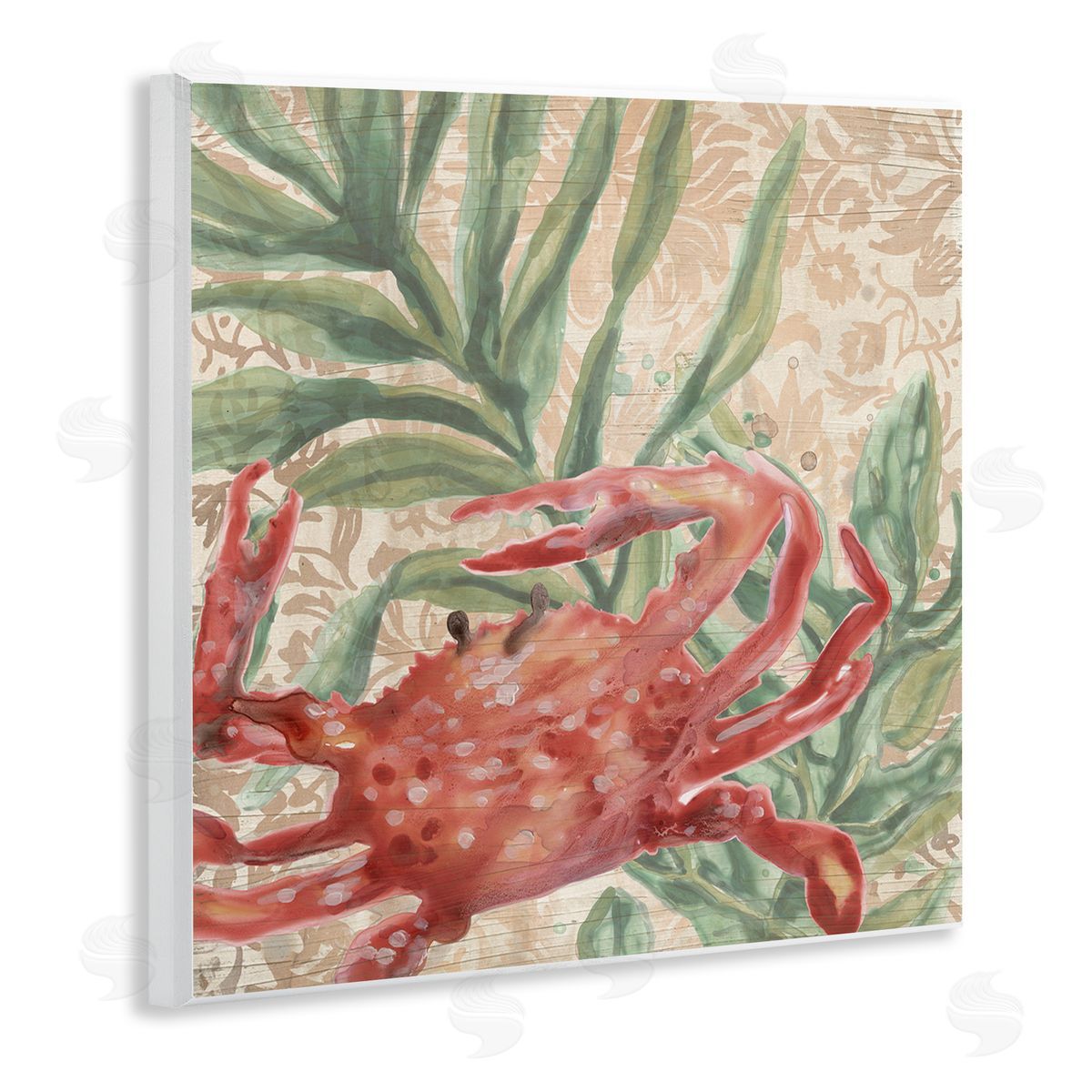 Crab on Floral Pattern Wood Plaque Wall Art, Home Decor by June Erica Vess