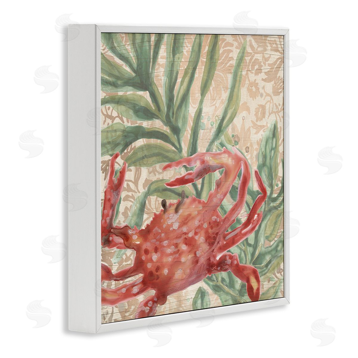Crab on Floral Pattern White Frame Print Wall Art, Home Decor by June Erica Vess