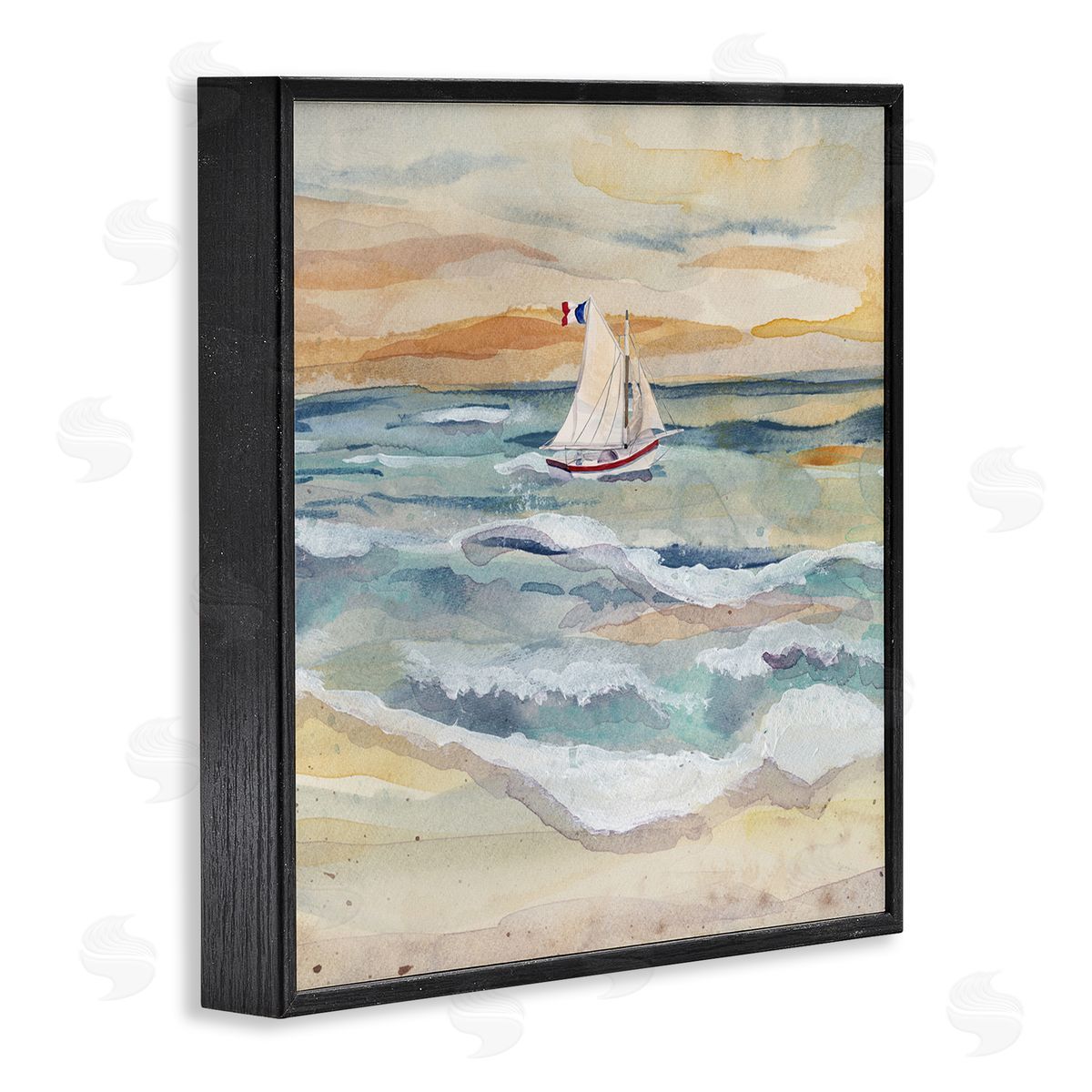 Watercolor Boat Beach View Black Frame Print Wall Art, Home Decor by Audrey Jeanne Roberts