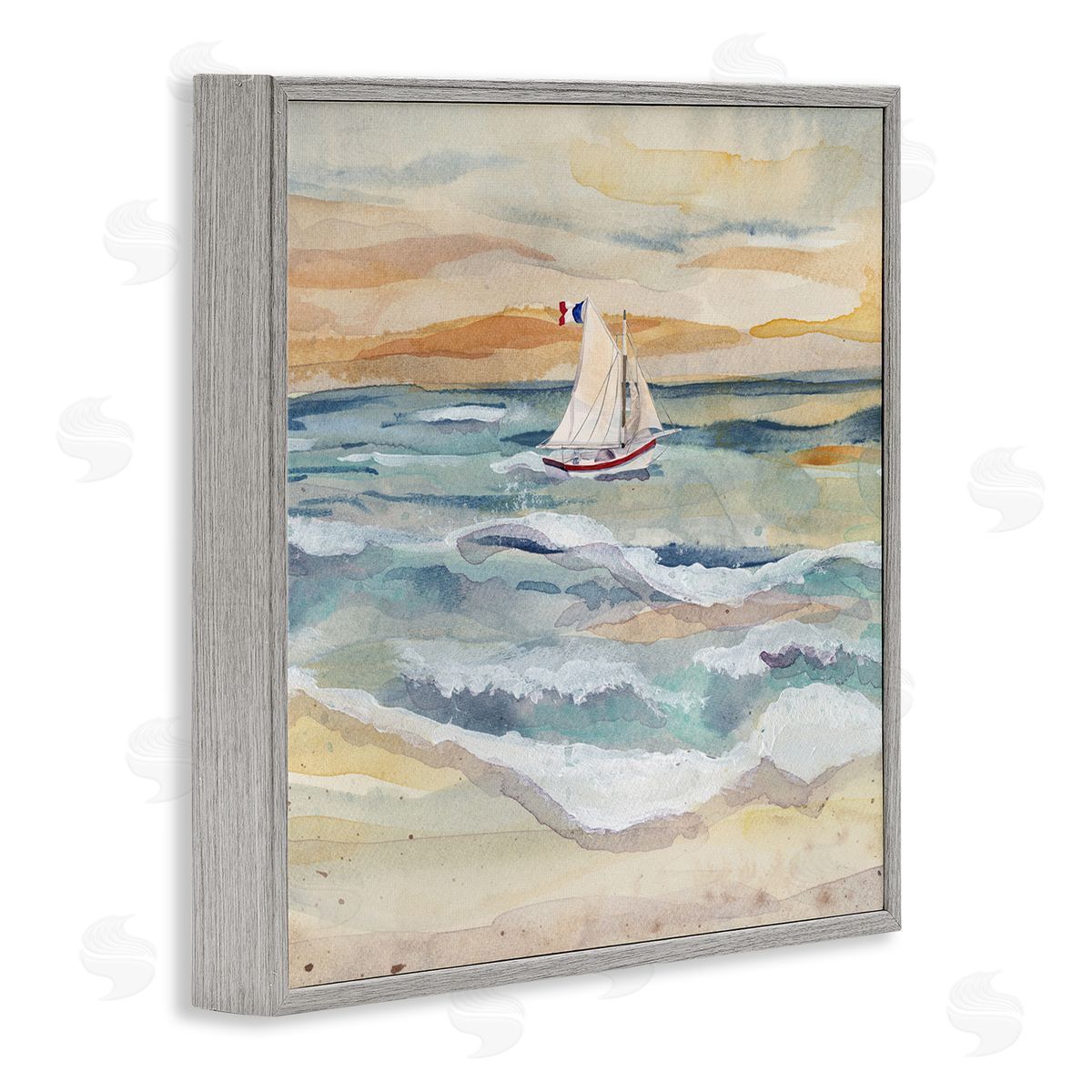 Watercolor Boat Beach View Grey Frame Print Wall Art, Home Decor by Audrey Jeanne Roberts
