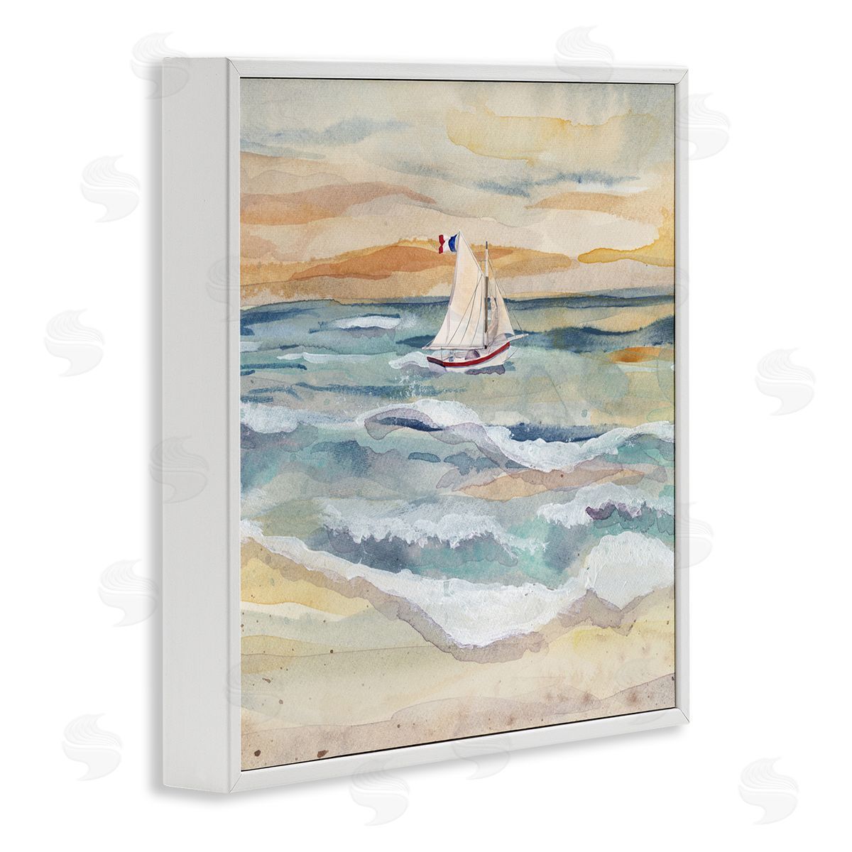 Watercolor Boat Beach View White Frame Print Wall Art, Home Decor by Audrey Jeanne Roberts
