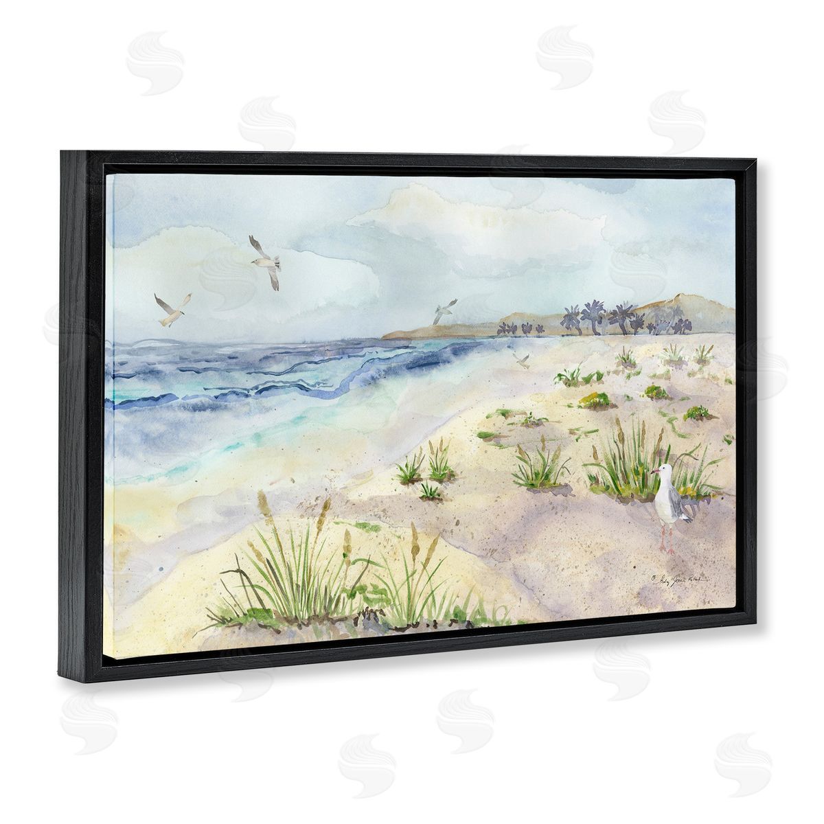 Seagulls Over Beach Black Floating Frame Canvas Wall Art, Home Decor by Audrey Jeanne Roberts