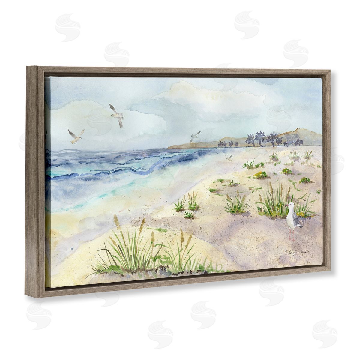 Seagulls Over Beach Brown Floating Frame Canvas Wall Art, Home Decor by Audrey Jeanne Roberts