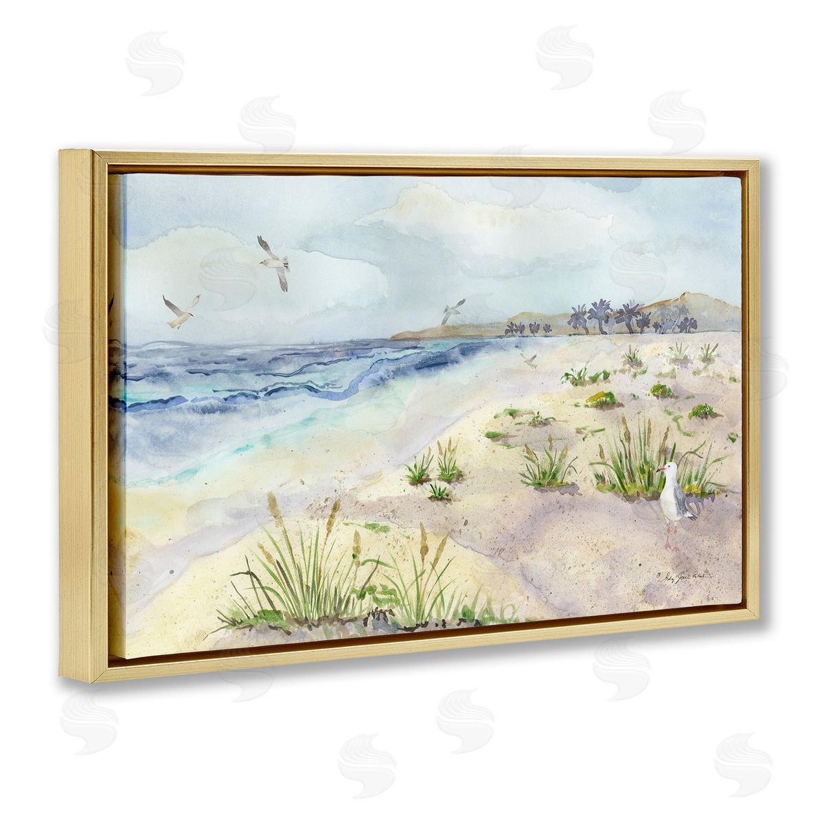 Seagulls Over Beach Gold Floating Frame Canvas Wall Art, Home Decor by Audrey Jeanne Roberts
