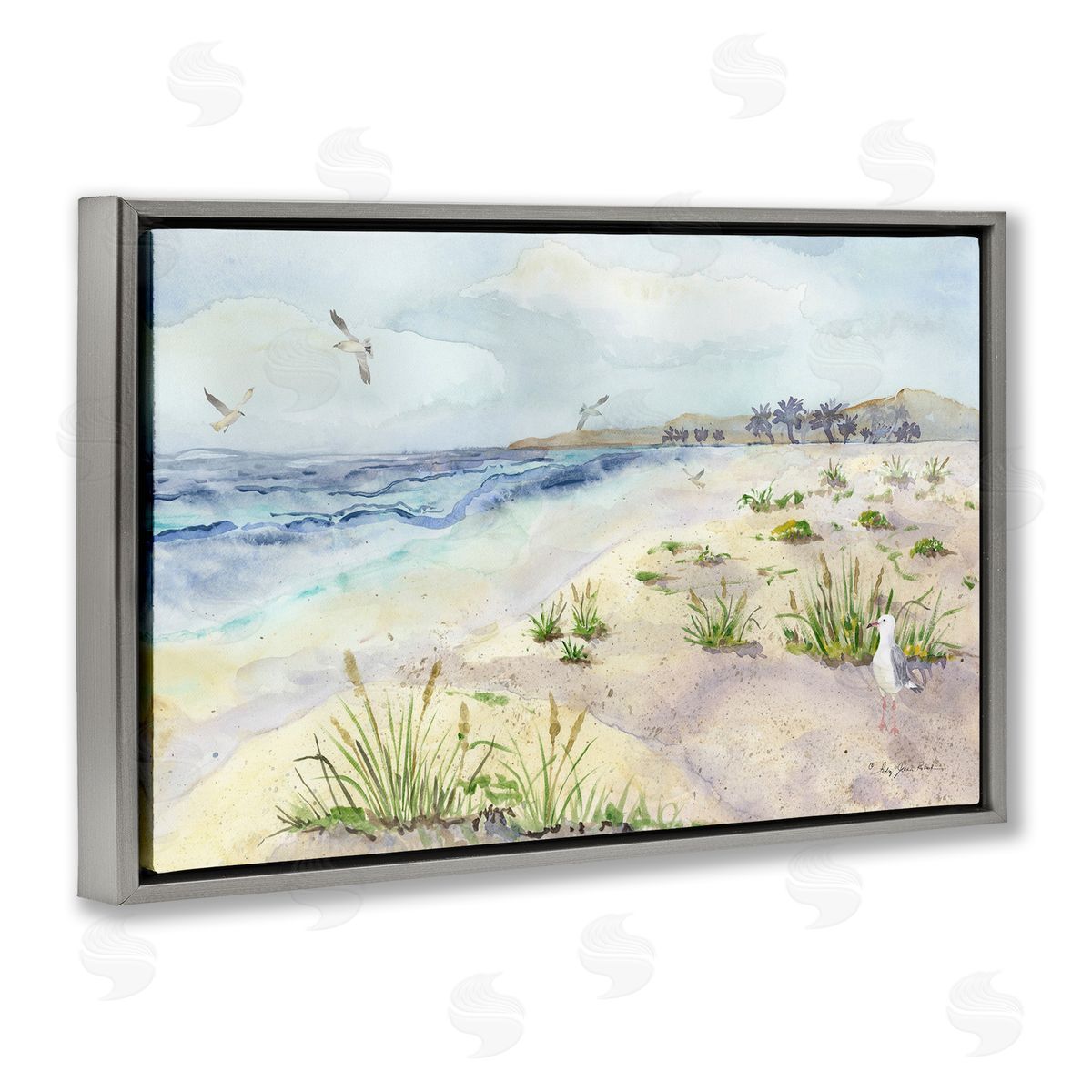 Seagulls Over Beach Grey Floating Frame Canvas Wall Art, Home Decor by Audrey Jeanne Roberts