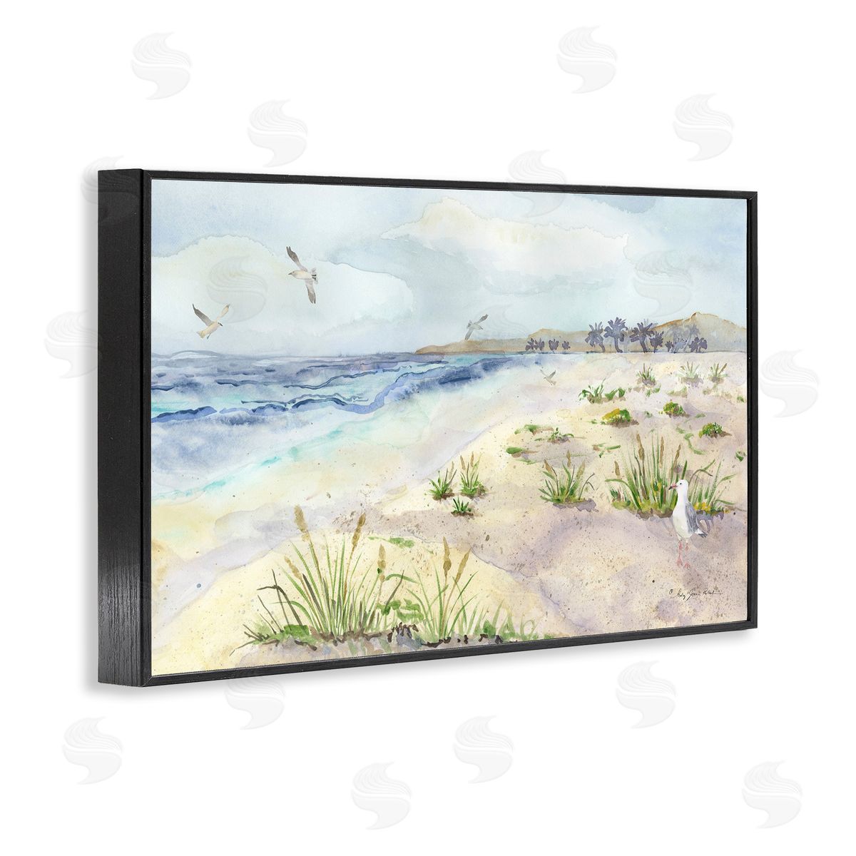 Seagulls Over Beach Black Frame Print Wall Art, Home Decor by Audrey Jeanne Roberts