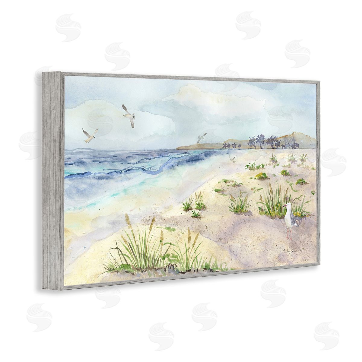Seagulls Over Beach Grey Frame Print Wall Art, Home Decor by Audrey Jeanne Roberts