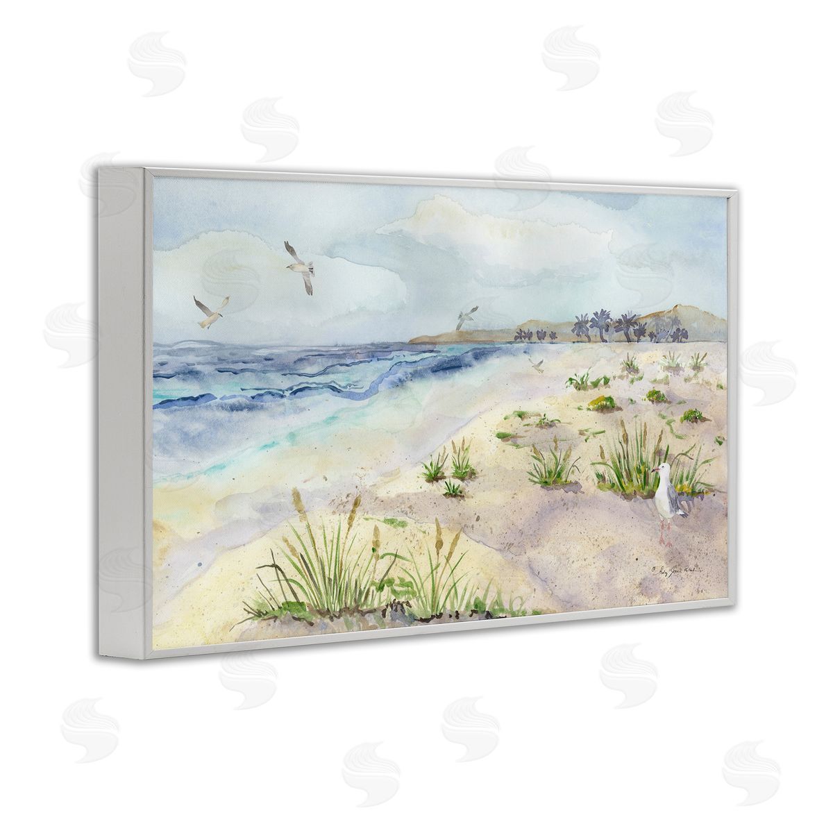 Seagulls Over Beach White Frame Print Wall Art, Home Decor by Audrey Jeanne Roberts