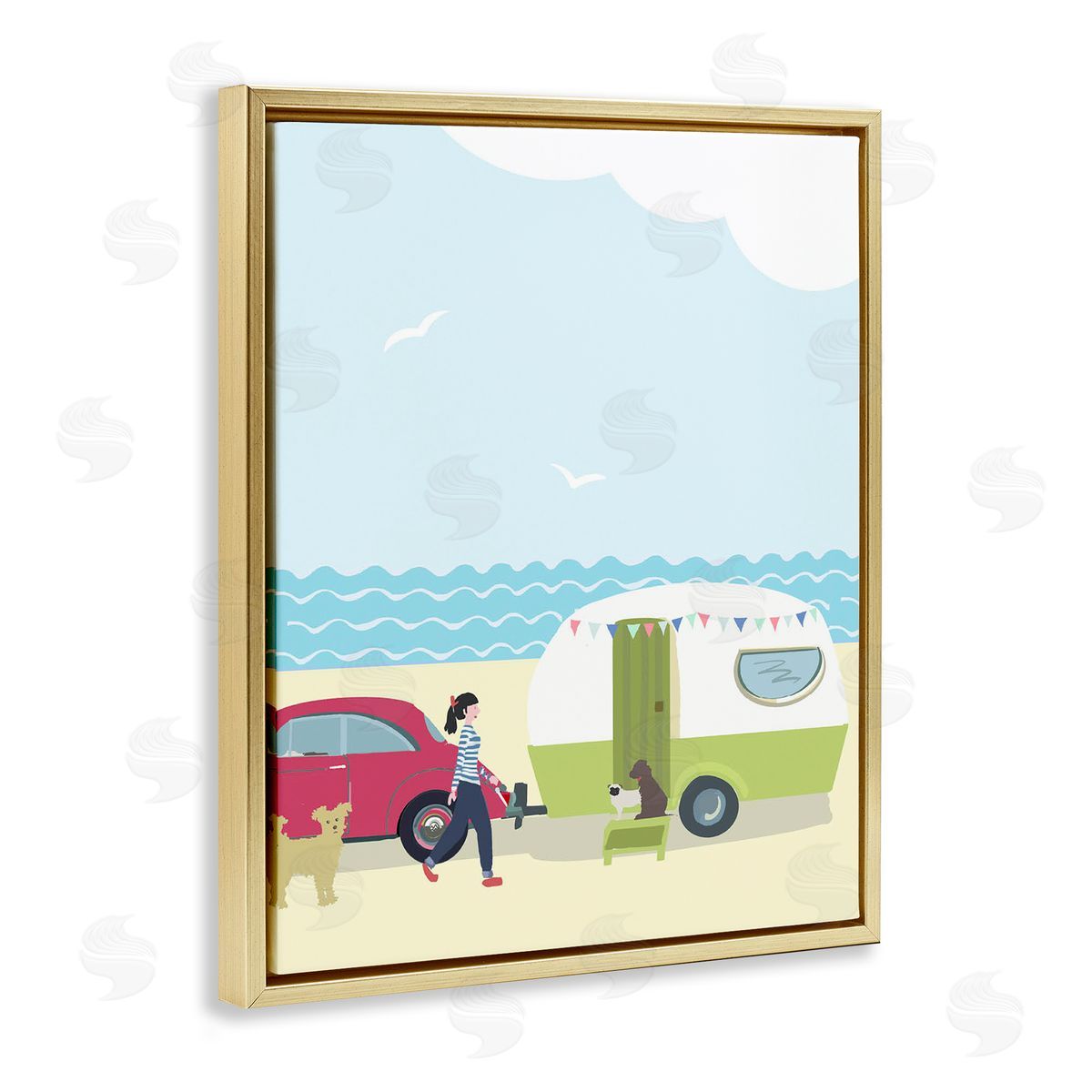 Betty Boynes Beach Day with Dogs Gold Floating Frame Canvas Wall Art Print