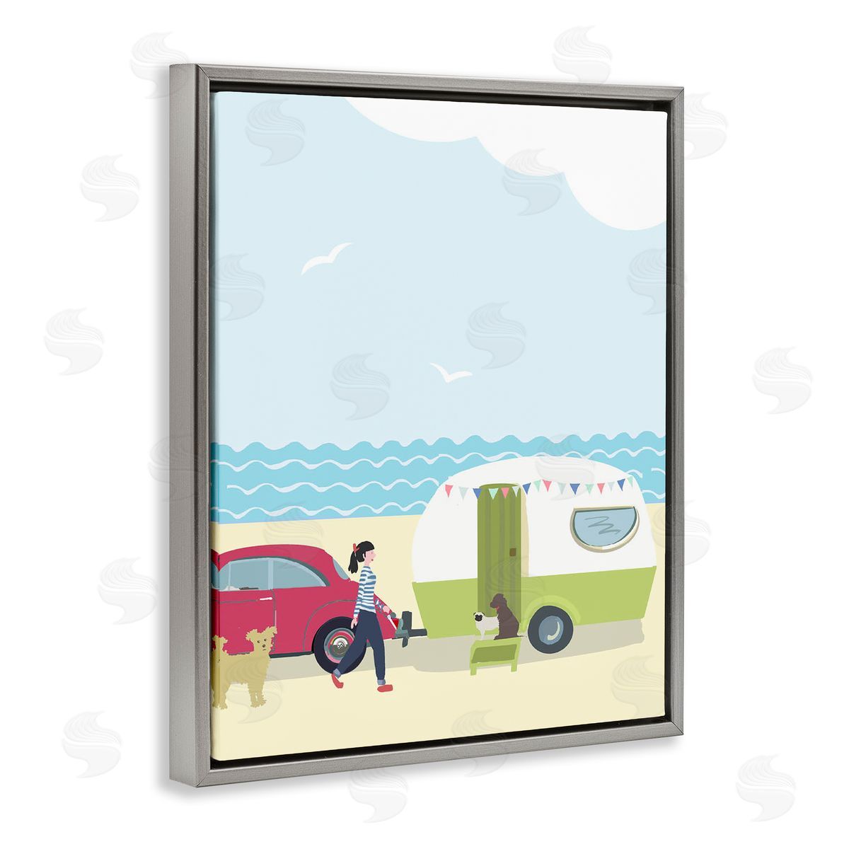 Betty Boynes Beach Day with Dogs Gray Floating Frame Canvas Wall Art Print