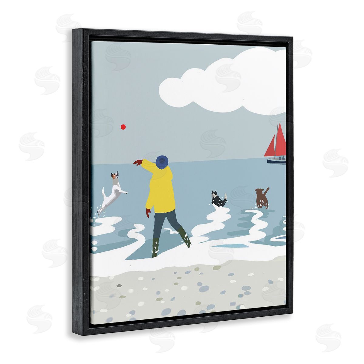 Betty Boynes Catching Ball on Beach Black Floating Frame Canvas Wall Art Print