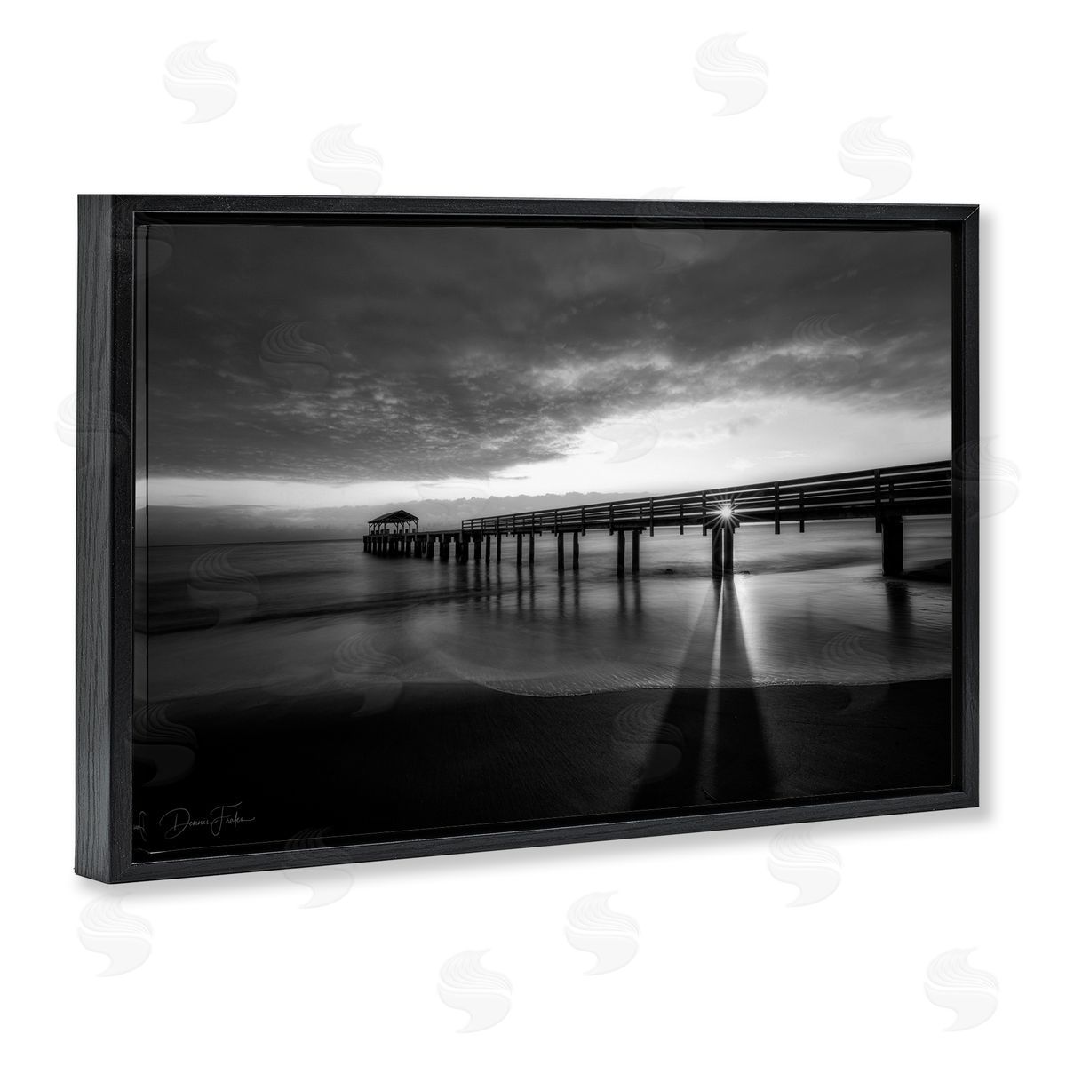 Sun Shining Through Dock Black Floating Frame Canvas Wall Art, Home Decor by Dennis Frates